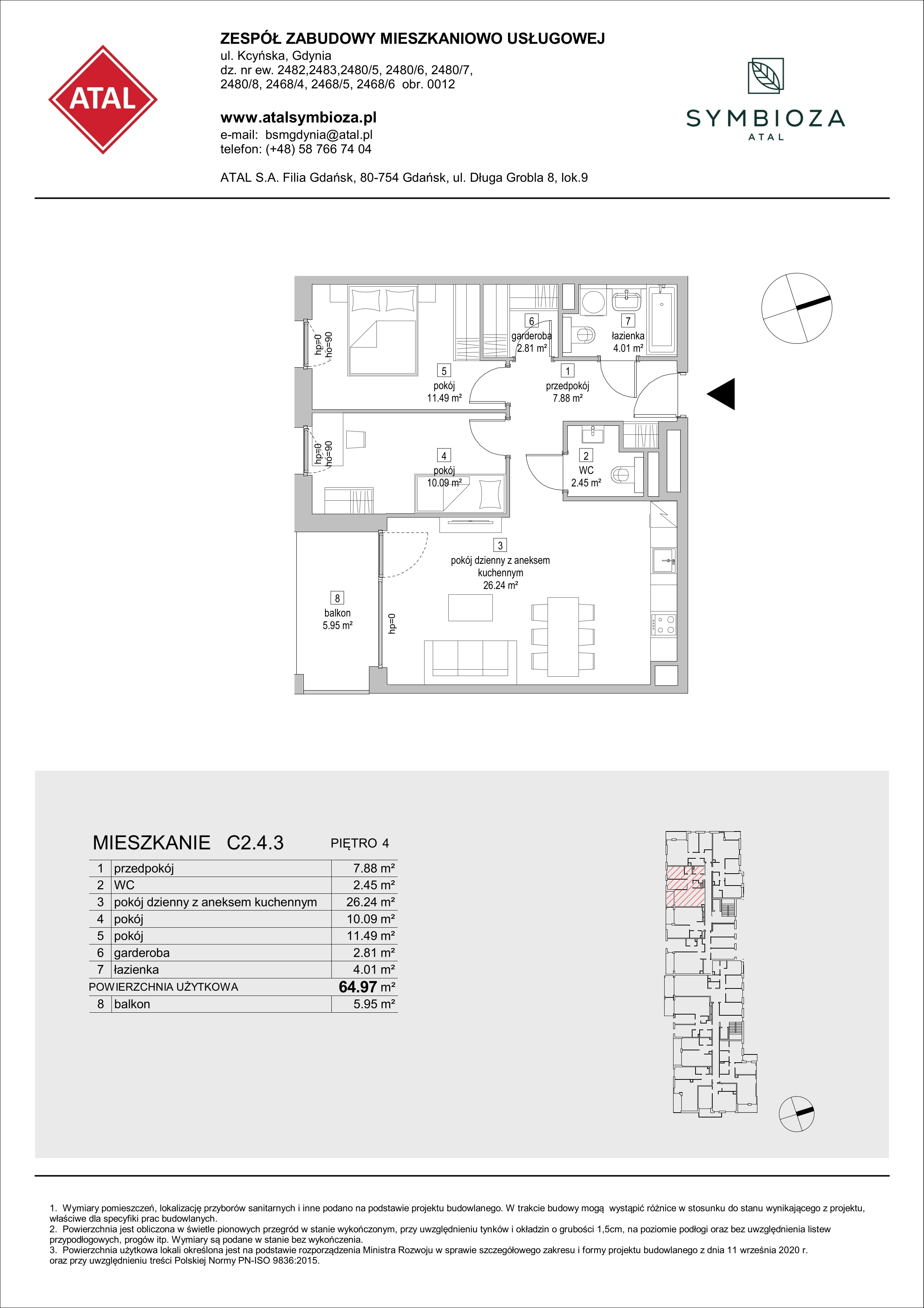 Mieszkanie 64,97 m², piętro 4, oferta nr C2.4.3, ATAL Symbioza, Gdynia, Cisowa, ul. Kcyńska