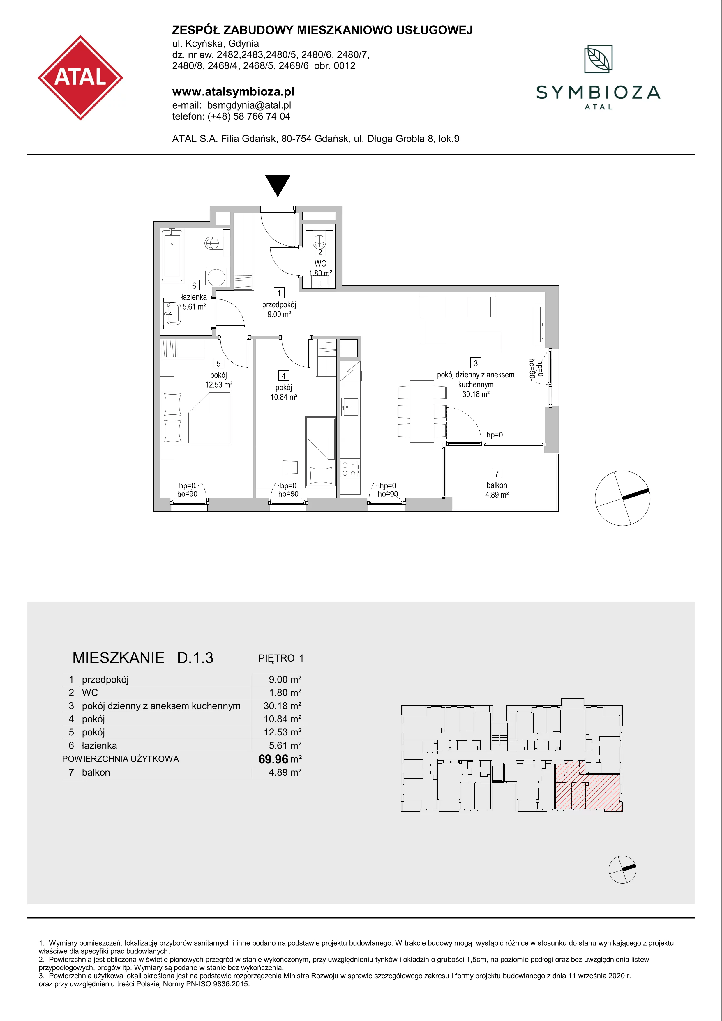 Mieszkanie 69,96 m², piętro 1, oferta nr D.1.3, ATAL Symbioza, Gdynia, Cisowa, ul. Kcyńska