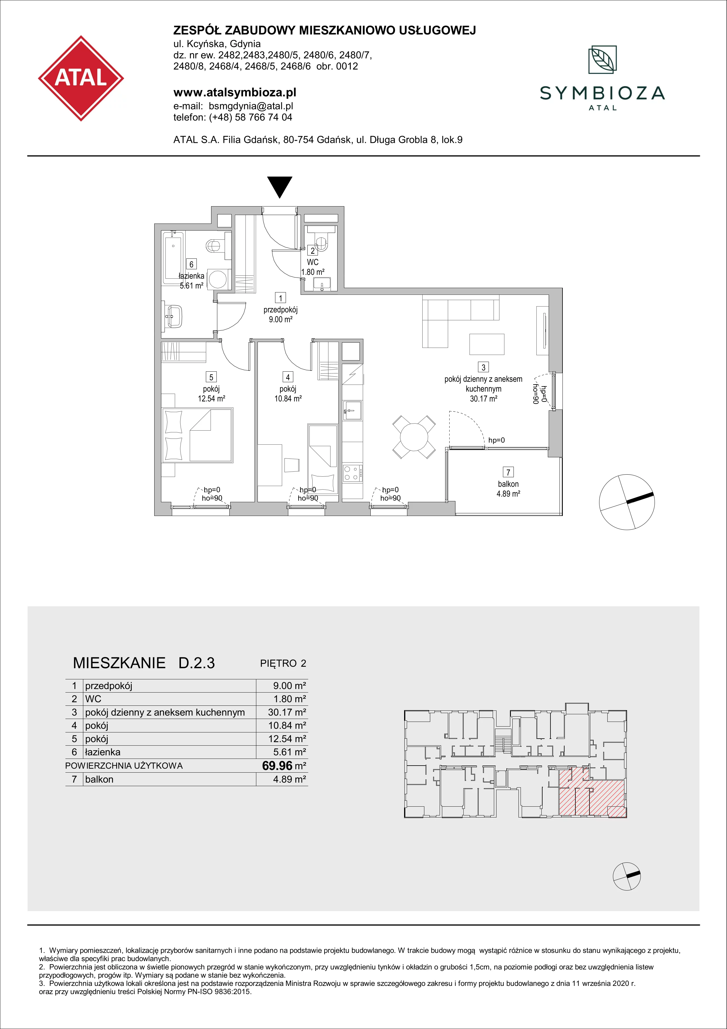 Mieszkanie 69,96 m², piętro 2, oferta nr D.2.3, ATAL Symbioza, Gdynia, Cisowa, ul. Kcyńska