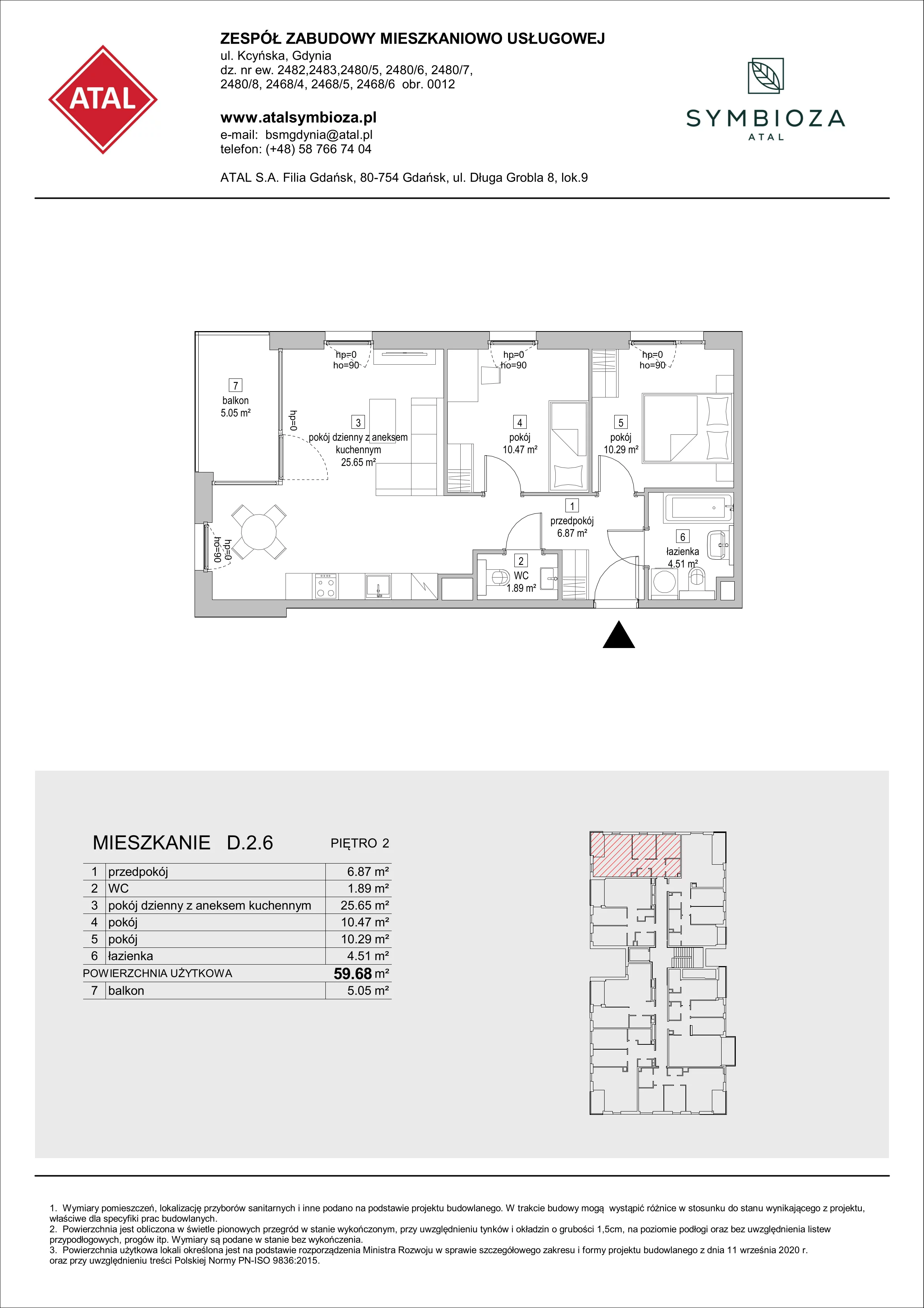 Mieszkanie 59,68 m², piętro 2, oferta nr D.2.6, ATAL Symbioza, Gdynia, Cisowa, ul. Kcyńska