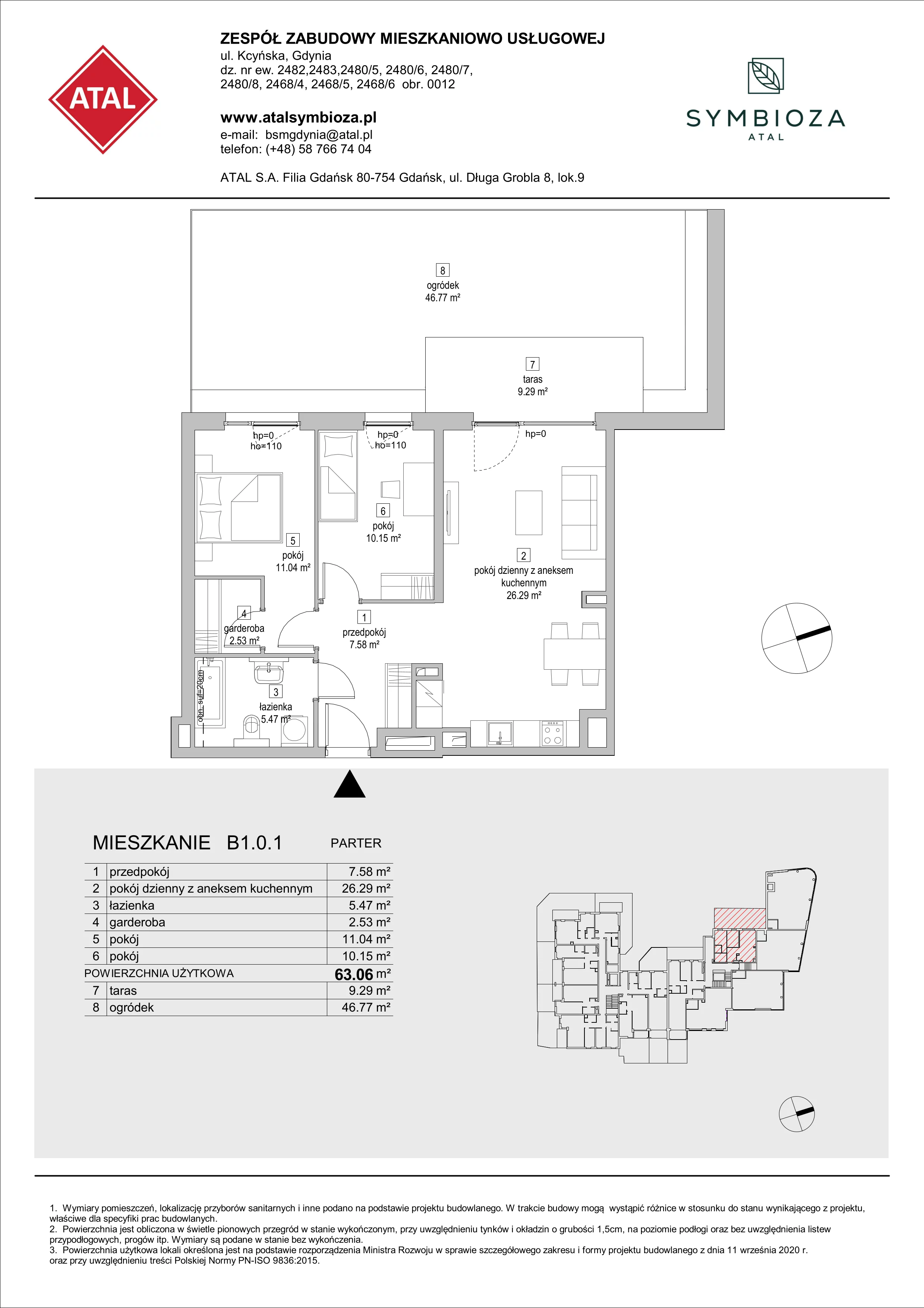 3 pokoje, mieszkanie 63,06 m², parter, oferta nr B1.0.1, ATAL Symbioza, Gdynia, Cisowa, ul. Kcyńska