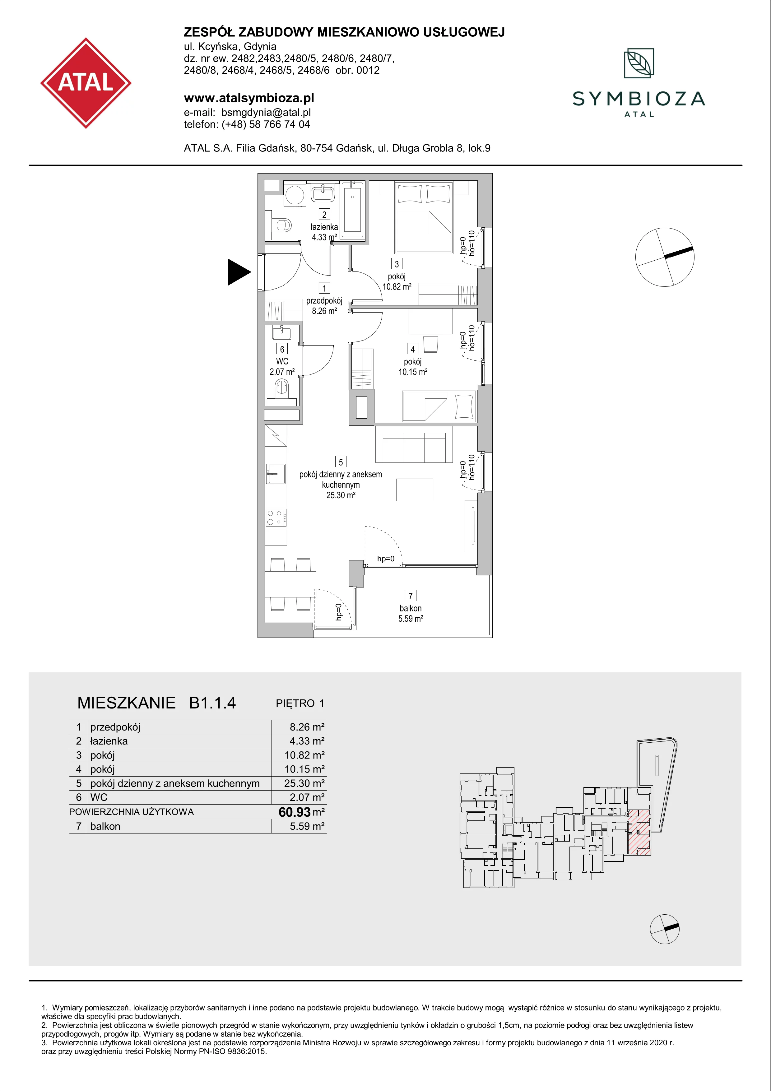 3 pokoje, mieszkanie 60,93 m², piętro 1, oferta nr B1.1.4, ATAL Symbioza, Gdynia, Cisowa, ul. Kcyńska