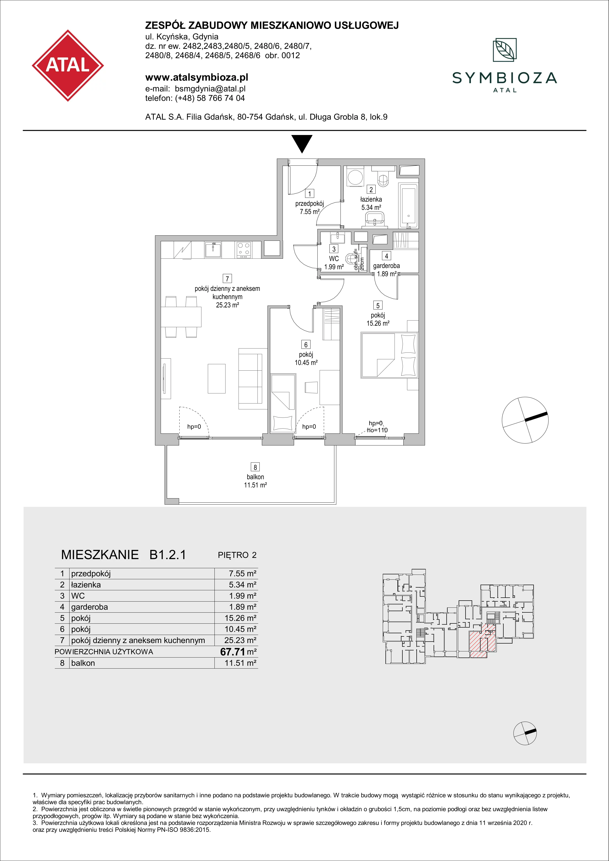3 pokoje, mieszkanie 67,71 m², piętro 2, oferta nr B1.2.1, ATAL Symbioza, Gdynia, Cisowa, ul. Kcyńska