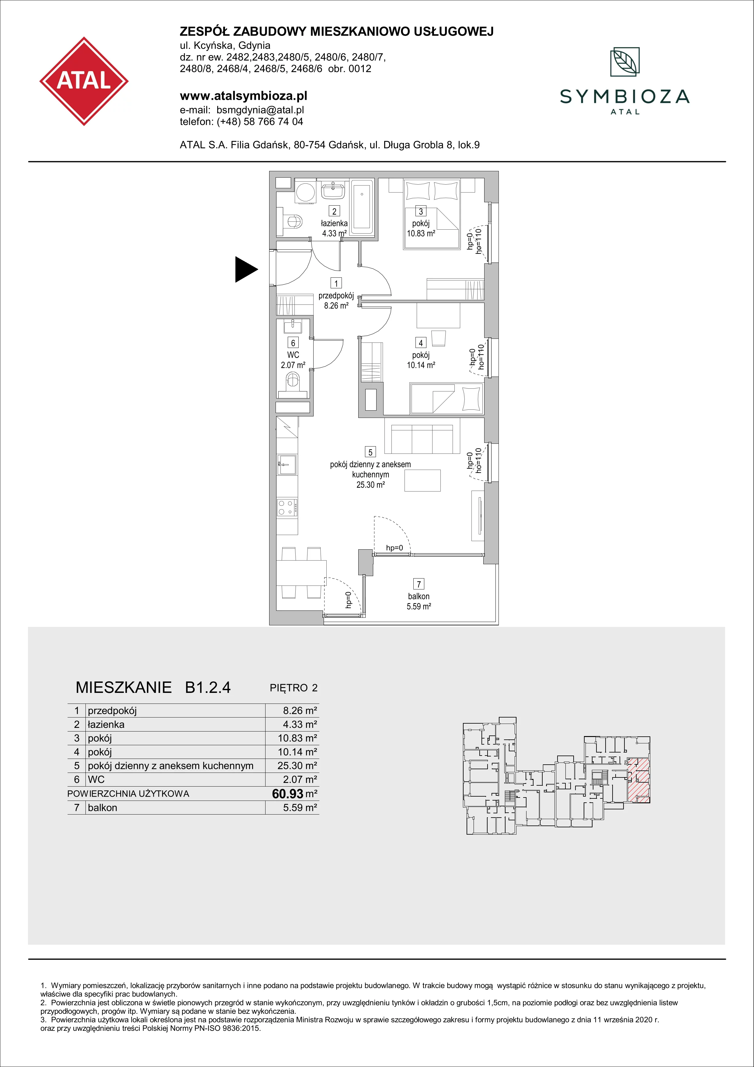 3 pokoje, mieszkanie 60,93 m², piętro 2, oferta nr B1.2.4, ATAL Symbioza, Gdynia, Cisowa, ul. Kcyńska