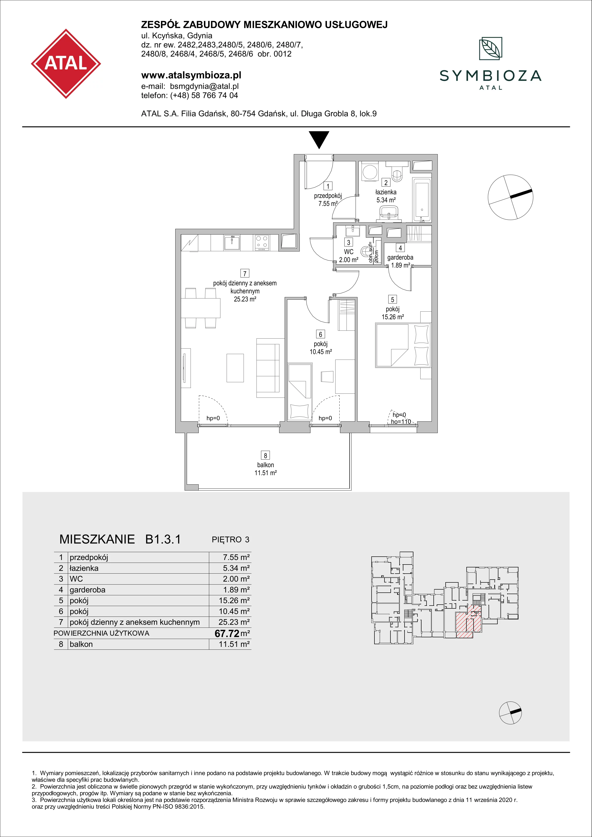 3 pokoje, mieszkanie 67,72 m², piętro 3, oferta nr B1.3.1, ATAL Symbioza, Gdynia, Cisowa, ul. Kcyńska