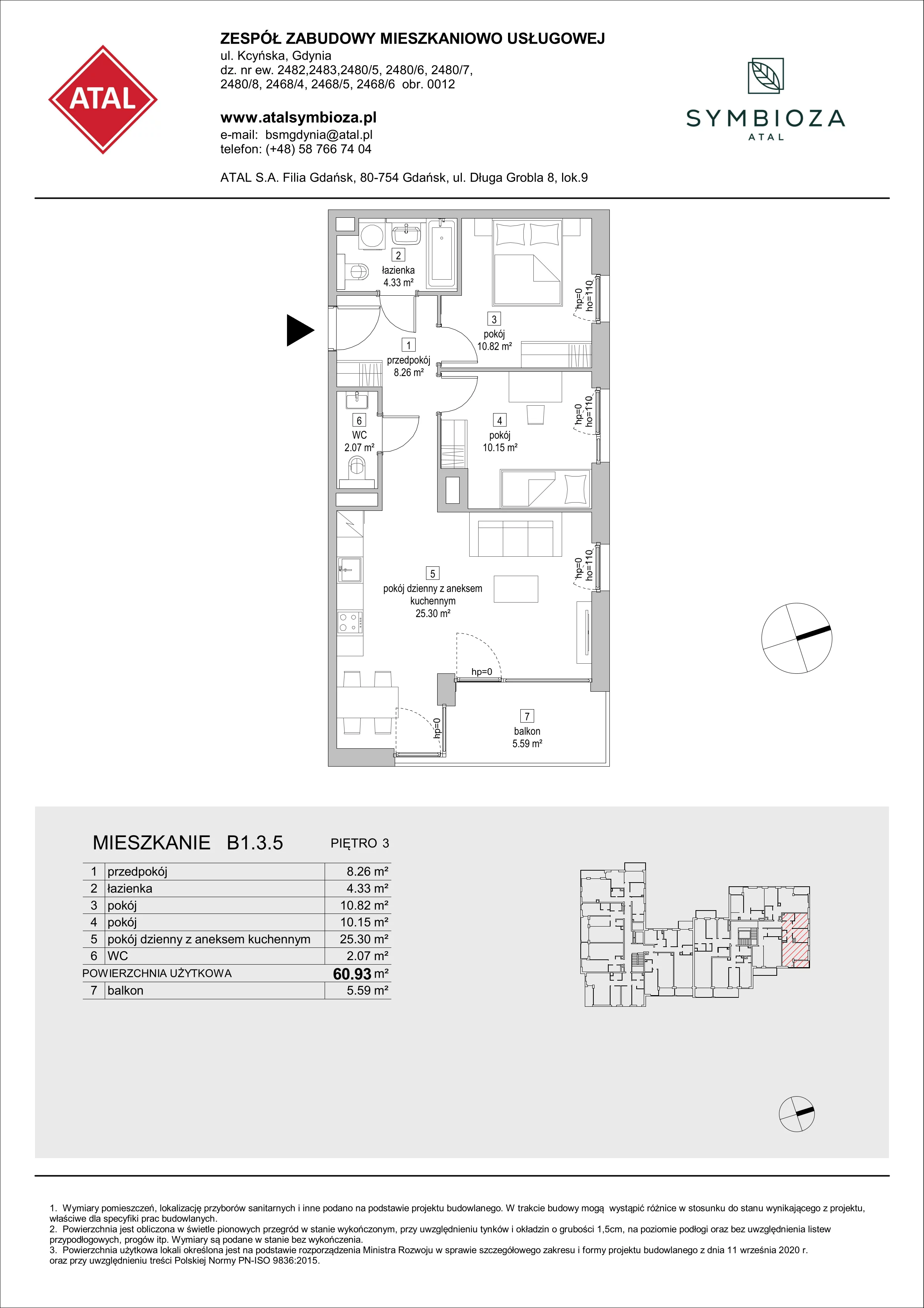 3 pokoje, mieszkanie 60,93 m², piętro 3, oferta nr B1.3.5, ATAL Symbioza, Gdynia, Cisowa, ul. Kcyńska