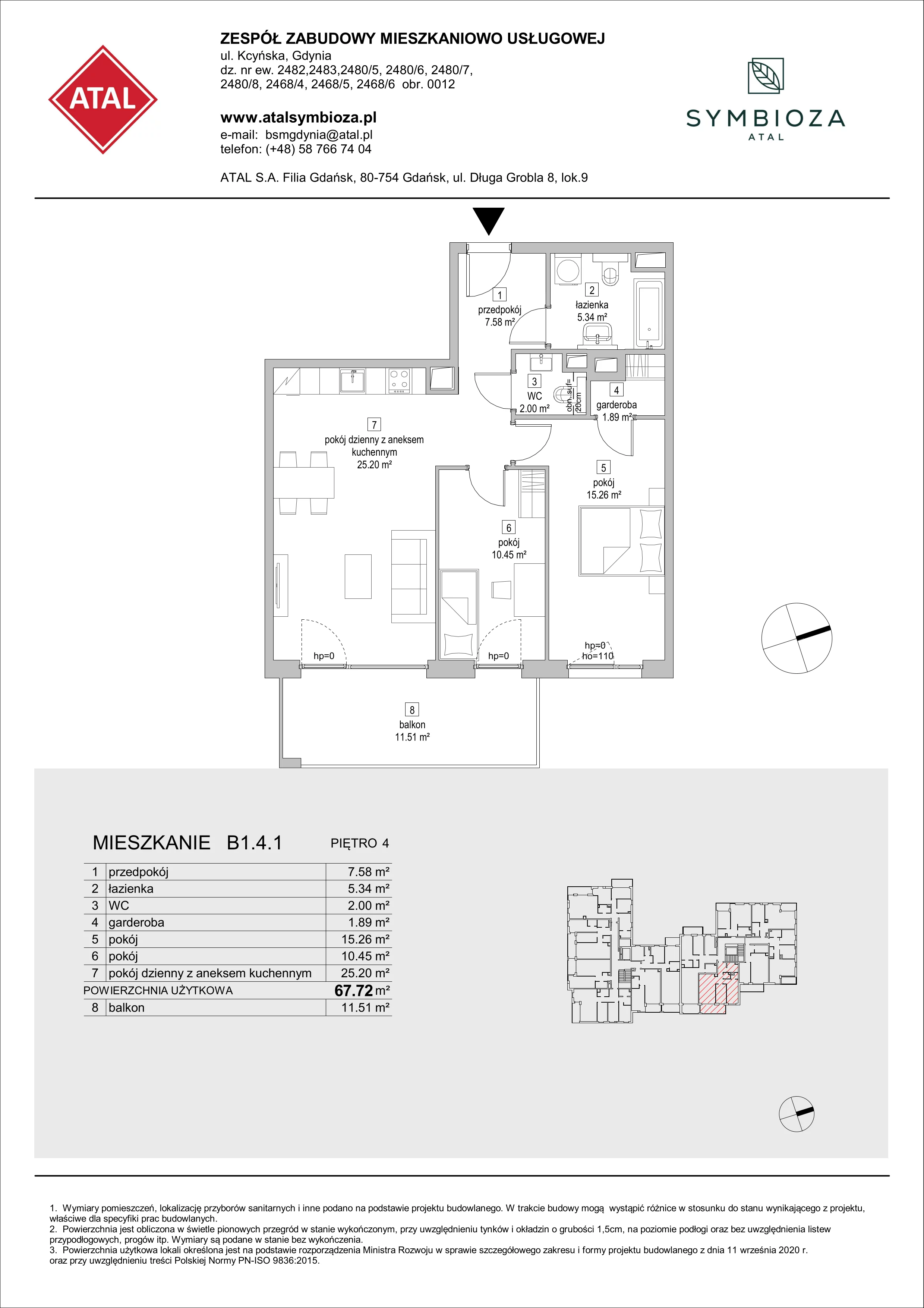 3 pokoje, mieszkanie 67,72 m², piętro 4, oferta nr B1.4.1, ATAL Symbioza, Gdynia, Cisowa, ul. Kcyńska