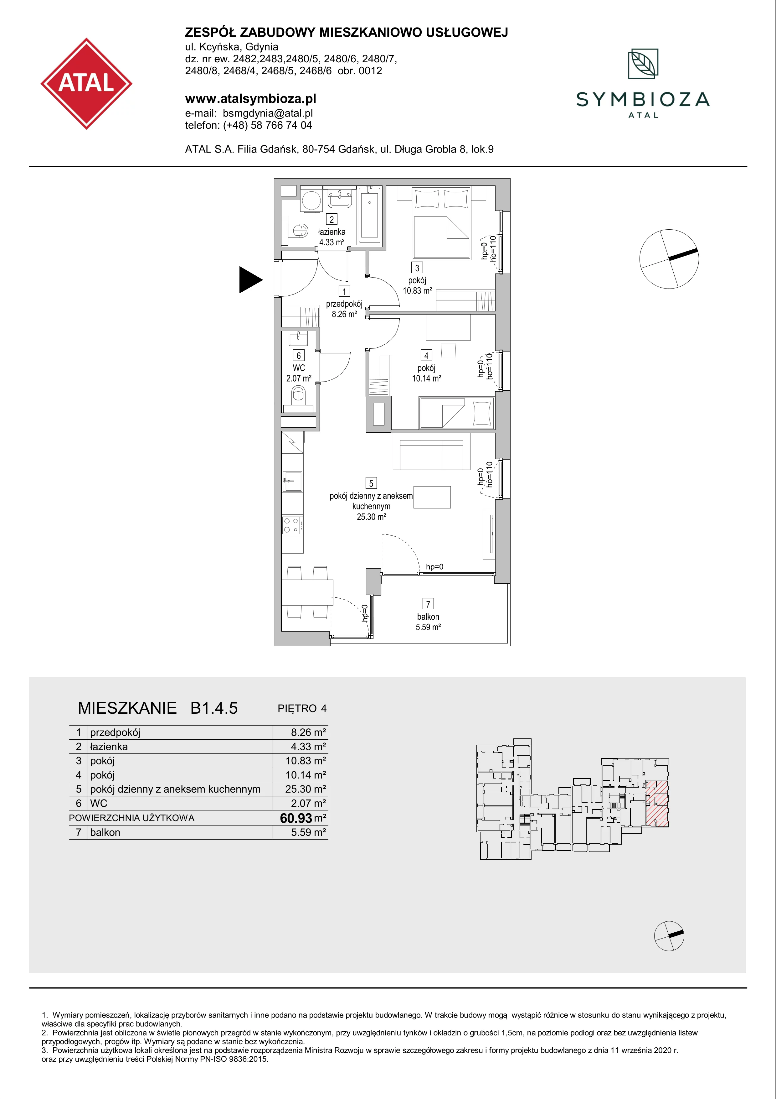 3 pokoje, mieszkanie 60,93 m², piętro 4, oferta nr B1.4.5, ATAL Symbioza, Gdynia, Cisowa, ul. Kcyńska