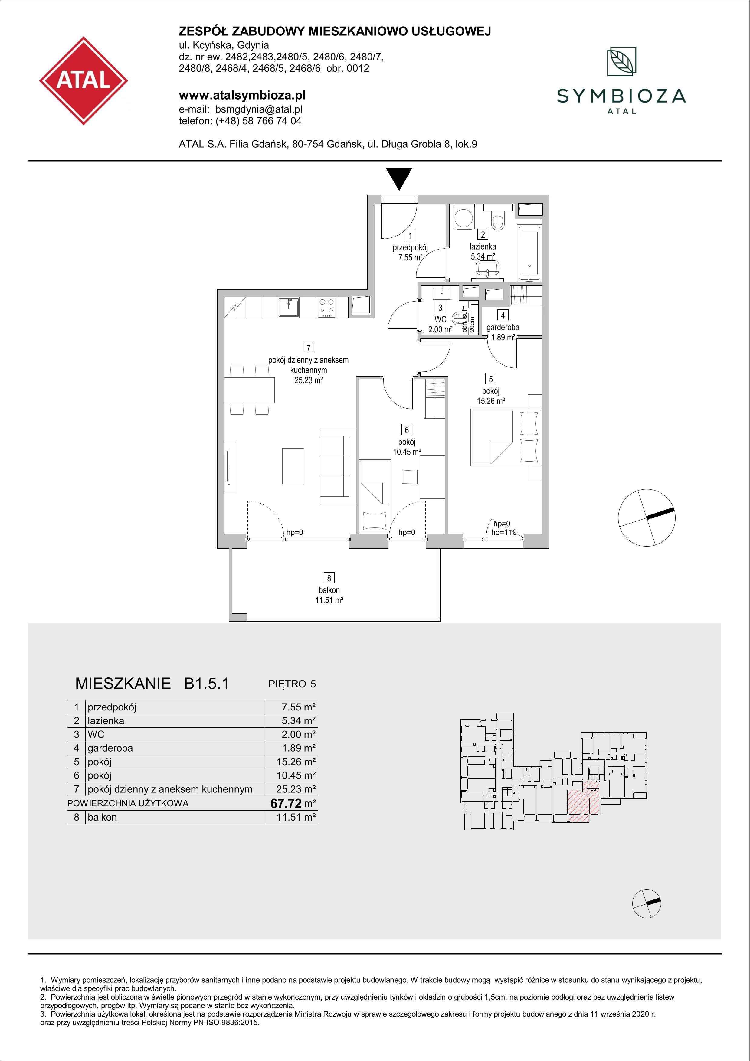3 pokoje, mieszkanie 67,72 m², piętro 5, oferta nr B1.5.1, ATAL Symbioza, Gdynia, Cisowa, ul. Kcyńska