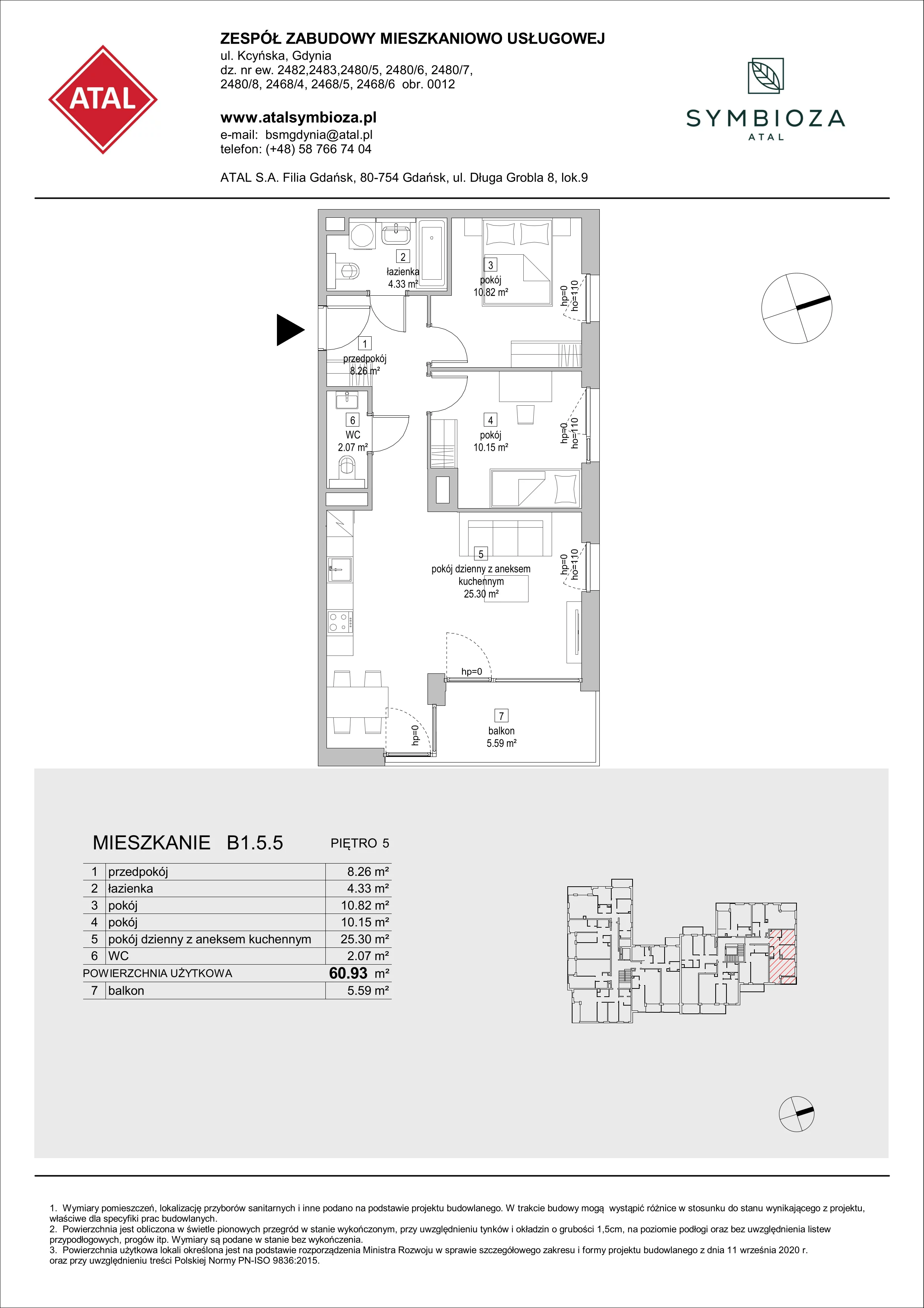 3 pokoje, mieszkanie 60,93 m², piętro 5, oferta nr B1.5.5, ATAL Symbioza, Gdynia, Cisowa, ul. Kcyńska