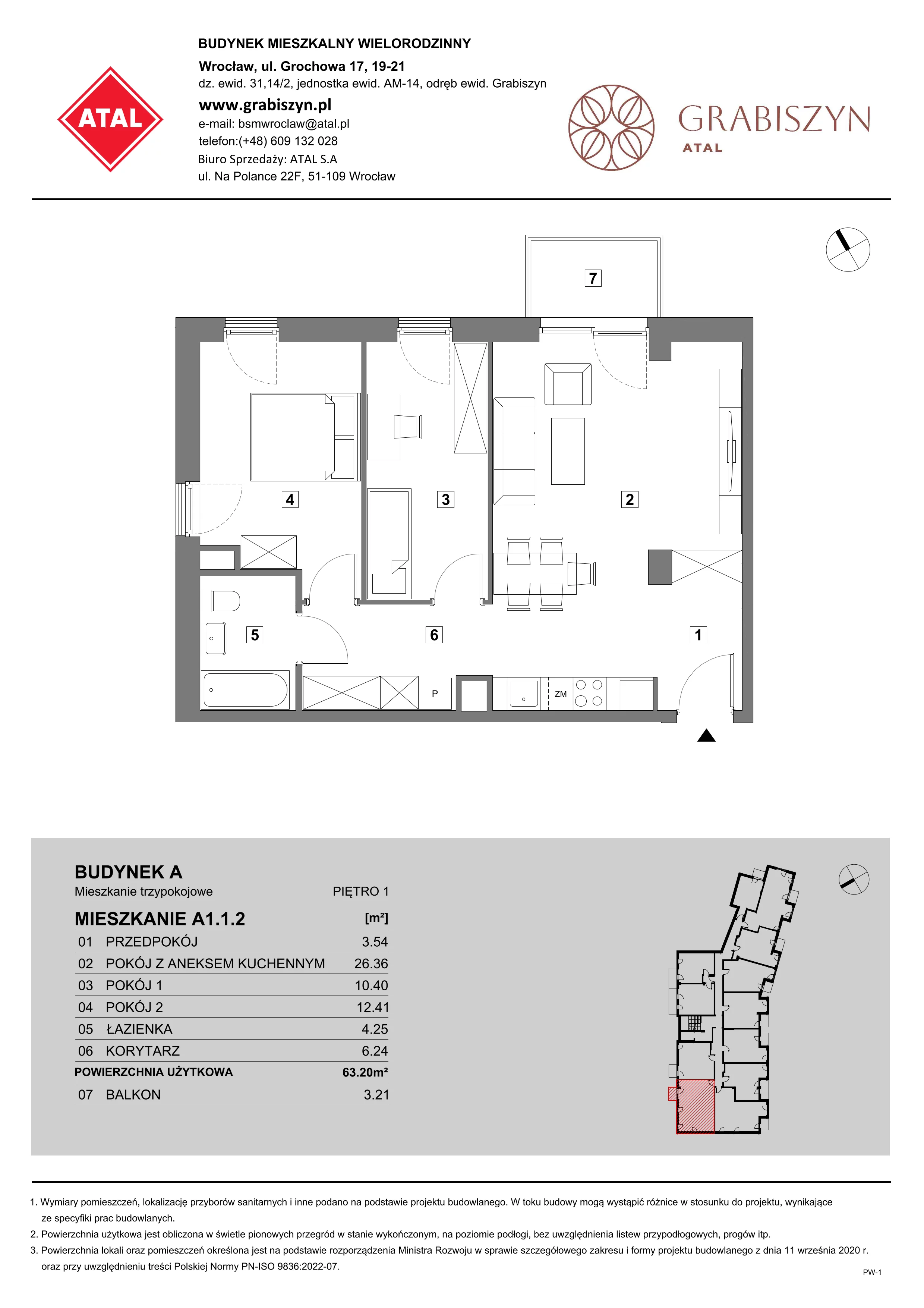 3 pokoje, mieszkanie 63,20 m², piętro 1, oferta nr A1.1.2, ATAL Grabiszyn, Wrocław, Gajowice, Fabryczna, ul. Grochowa