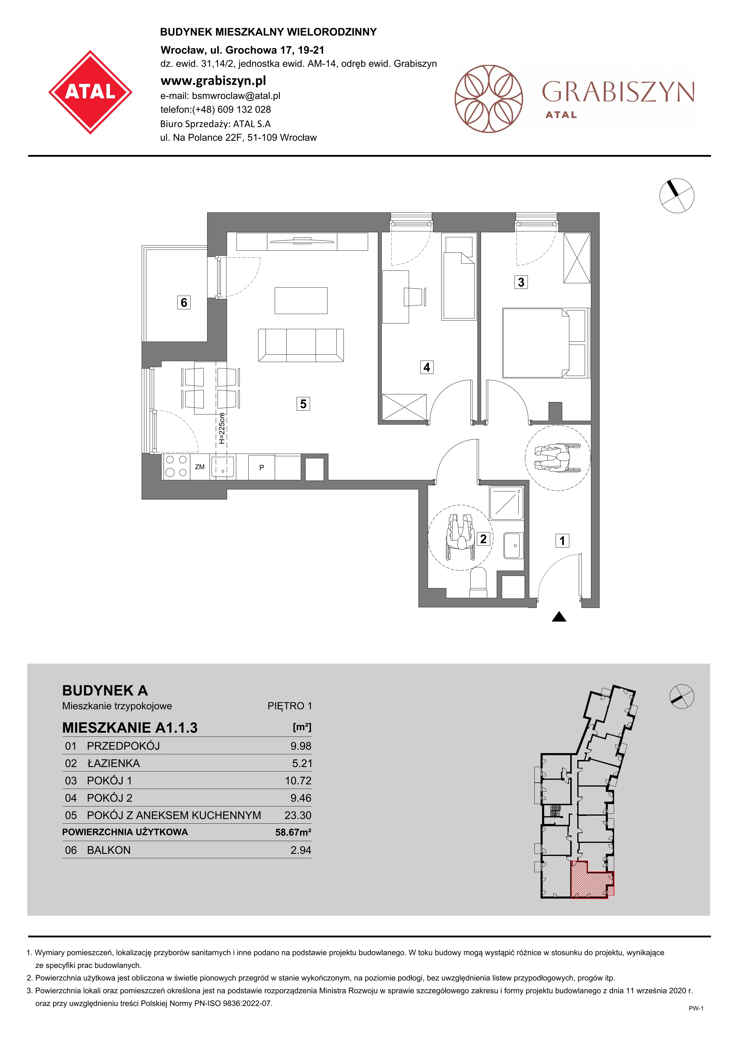 3 pokoje, mieszkanie 58,67 m², piętro 1, oferta nr A1.1.3, ATAL Grabiszyn, Wrocław, Gajowice, Fabryczna, ul. Grochowa