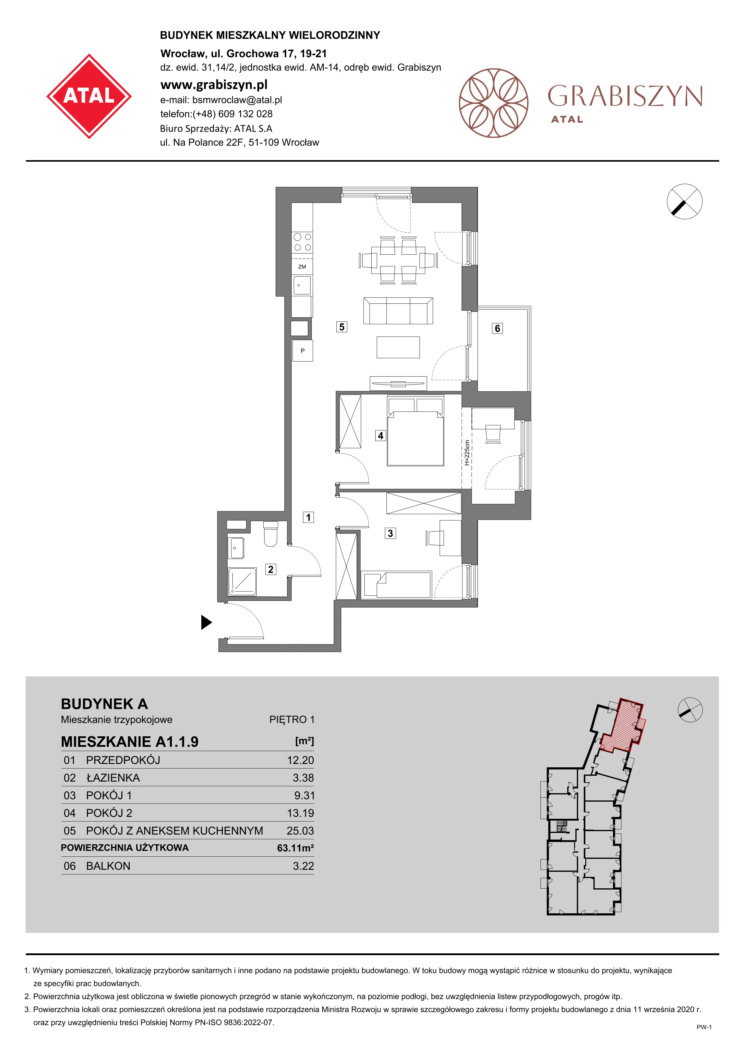 3 pokoje, mieszkanie 63,11 m², piętro 1, oferta nr A1.1.9, ATAL Grabiszyn, Wrocław, Gajowice, Fabryczna, ul. Grochowa