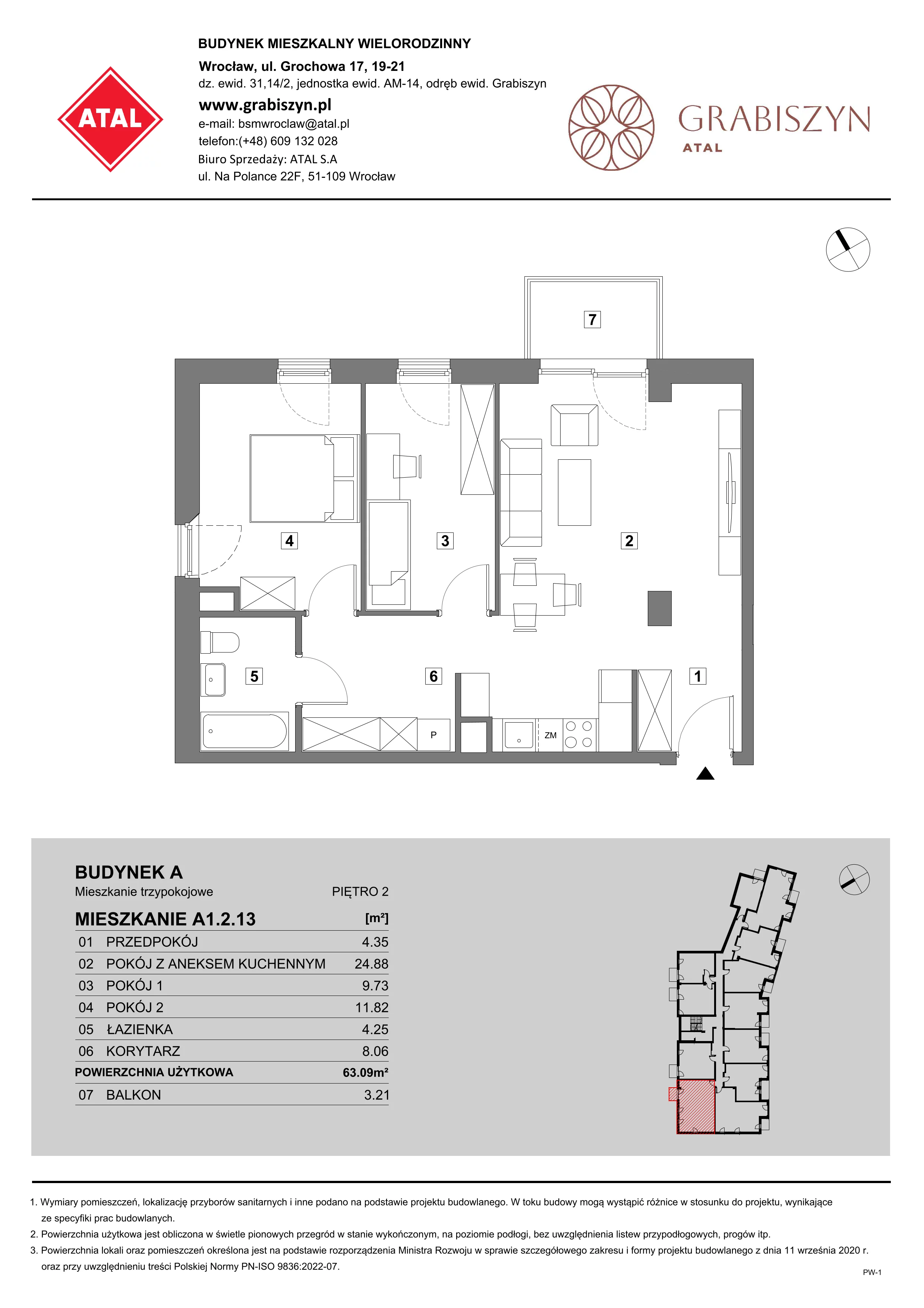 3 pokoje, mieszkanie 63,09 m², piętro 2, oferta nr A1.2.13, ATAL Grabiszyn, Wrocław, Gajowice, Fabryczna, ul. Grochowa