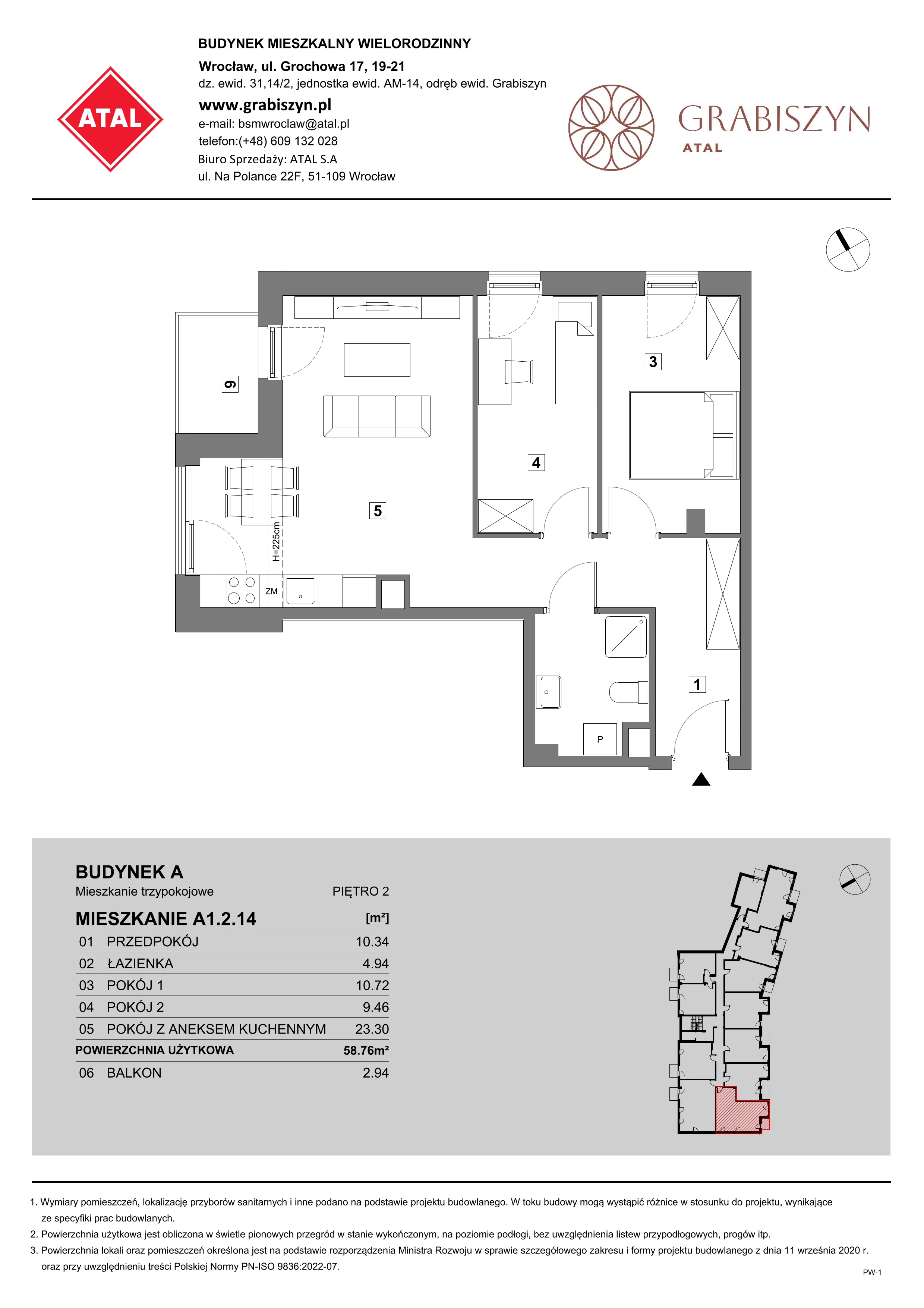 3 pokoje, mieszkanie 58,76 m², piętro 2, oferta nr A1.2.14, ATAL Grabiszyn, Wrocław, Gajowice, Fabryczna, ul. Grochowa