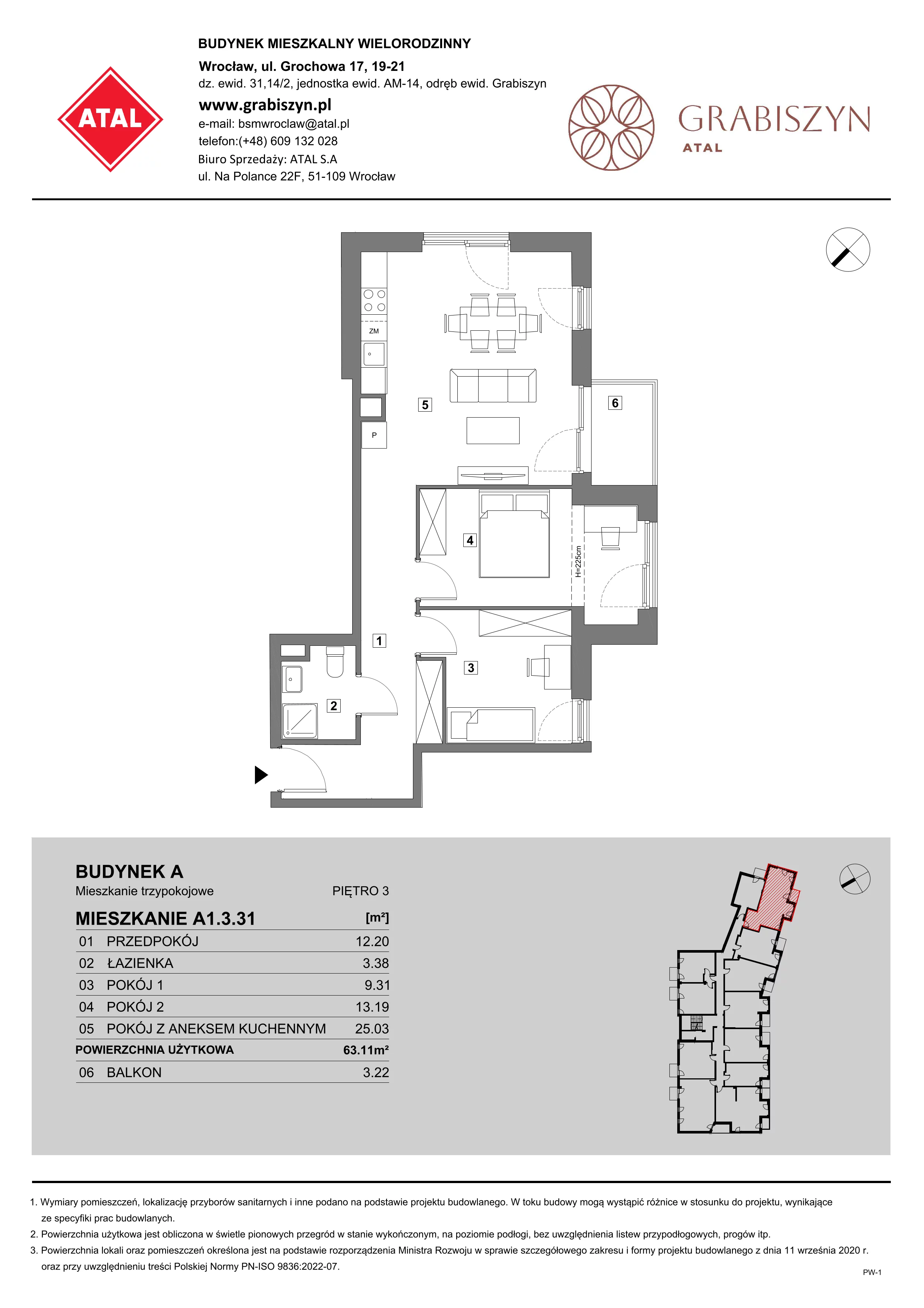 3 pokoje, mieszkanie 63,11 m², piętro 3, oferta nr A1.3.31, ATAL Grabiszyn, Wrocław, Gajowice, Fabryczna, ul. Grochowa