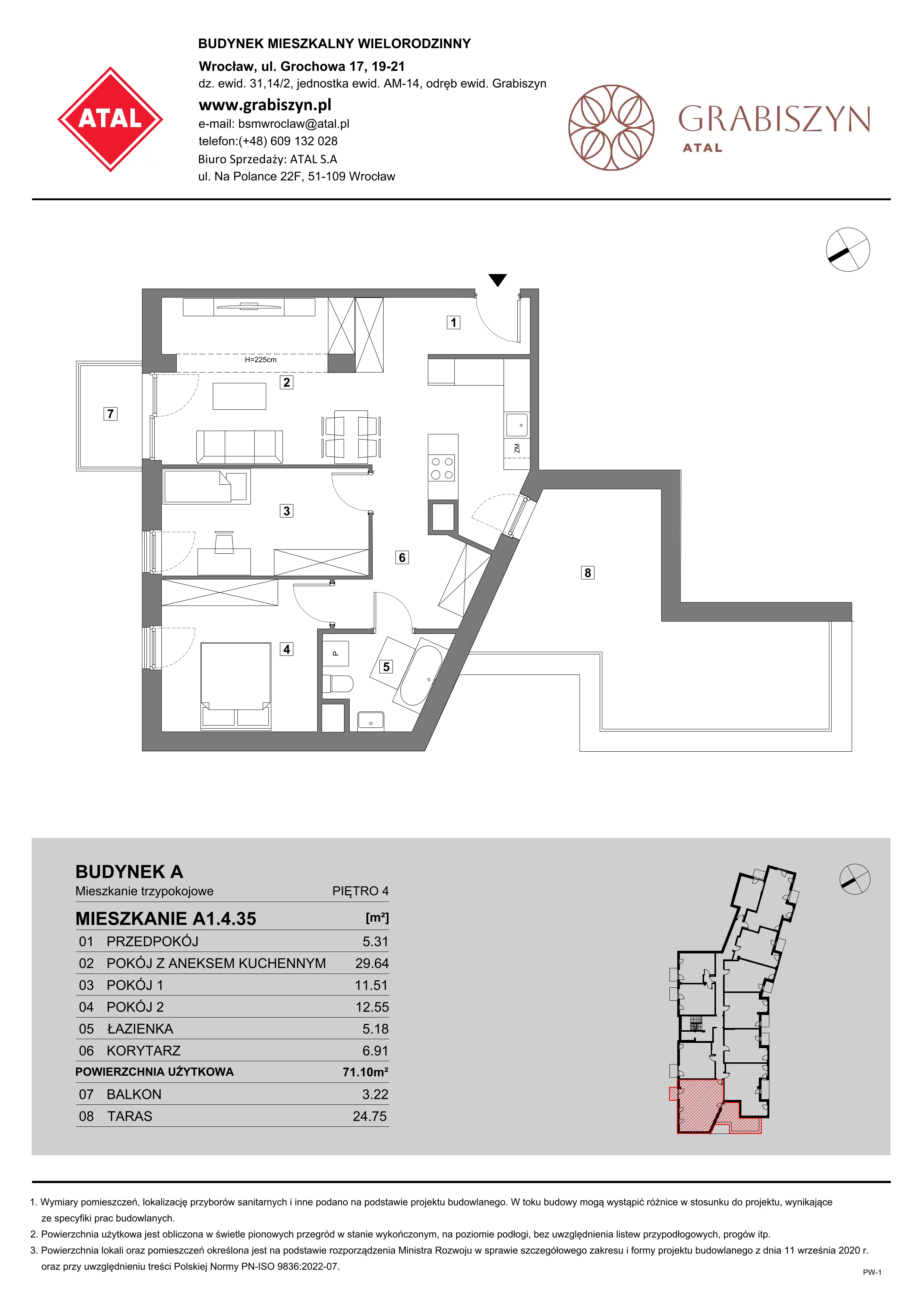 3 pokoje, mieszkanie 71,10 m², piętro 4, oferta nr A1.4.35, ATAL Grabiszyn, Wrocław, Gajowice, Fabryczna, ul. Grochowa