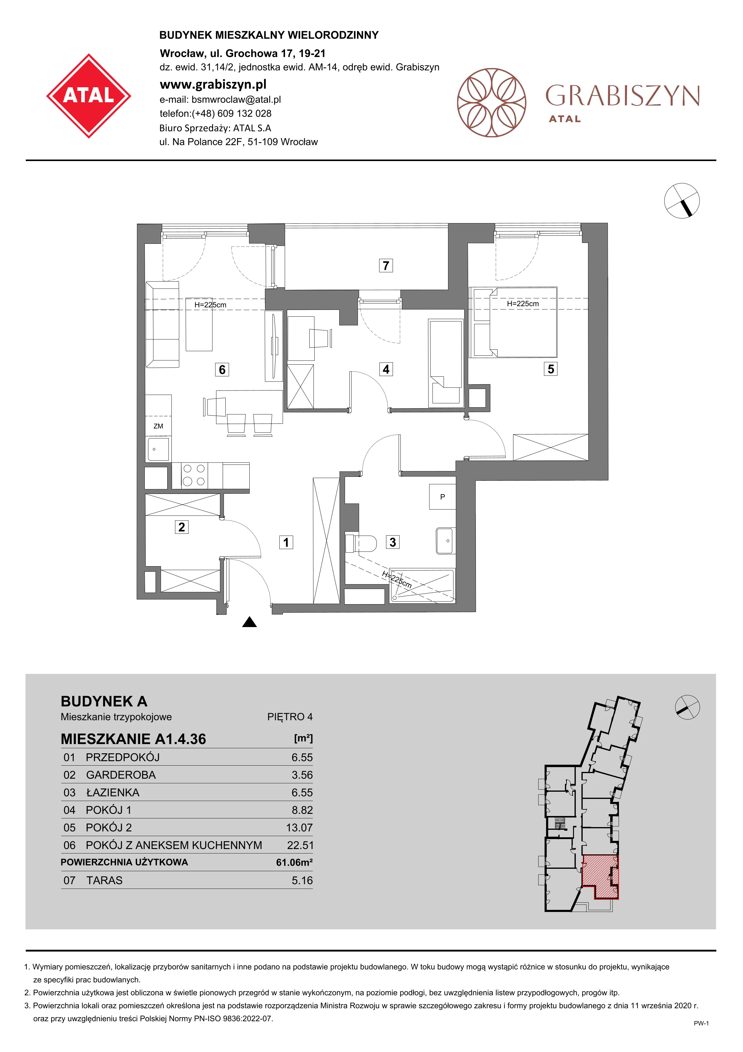 3 pokoje, mieszkanie 61,06 m², piętro 4, oferta nr A1.4.36, ATAL Grabiszyn, Wrocław, Gajowice, Fabryczna, ul. Grochowa