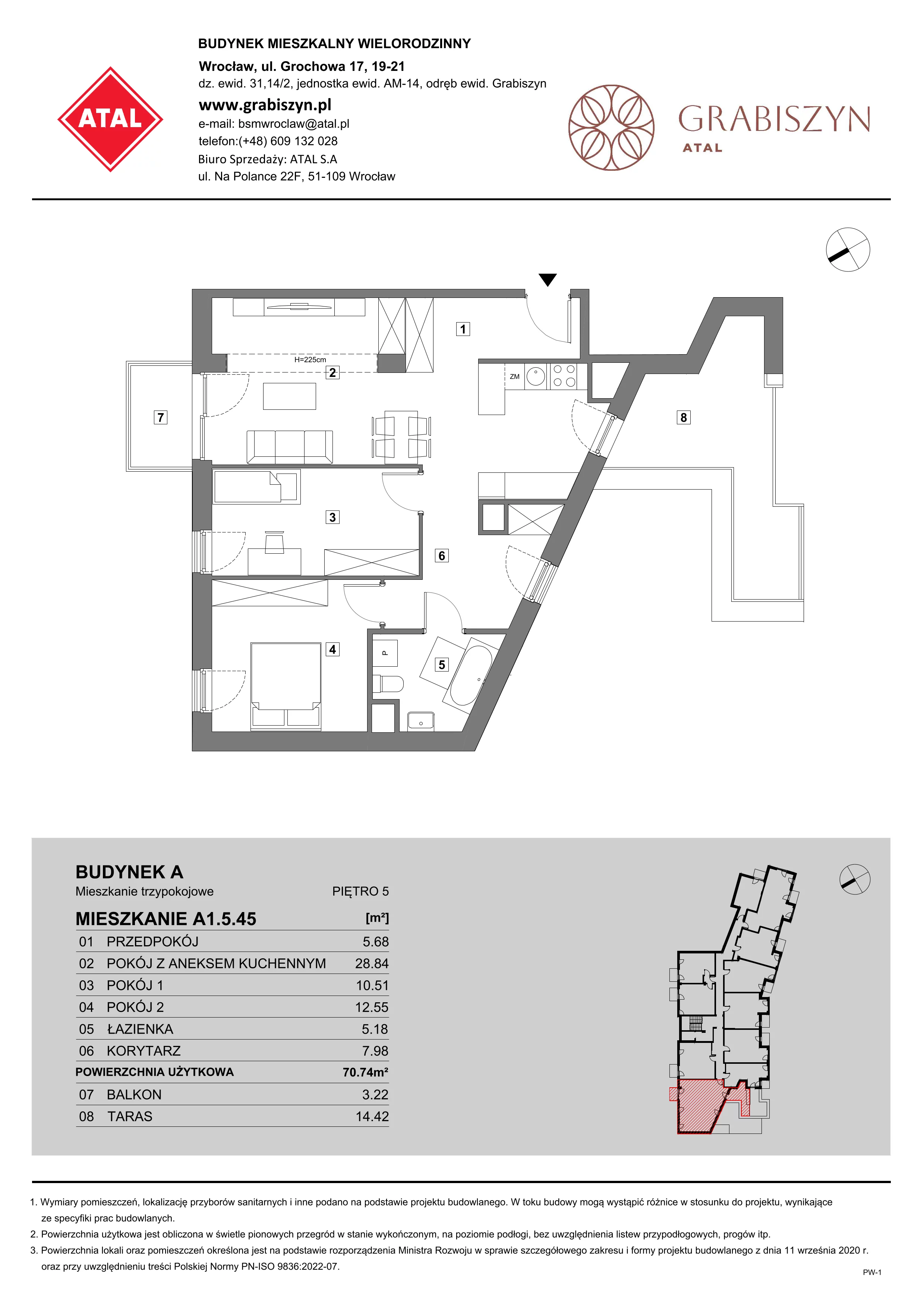 3 pokoje, mieszkanie 70,74 m², piętro 5, oferta nr A1.5.45, ATAL Grabiszyn, Wrocław, Gajowice, Fabryczna, ul. Grochowa