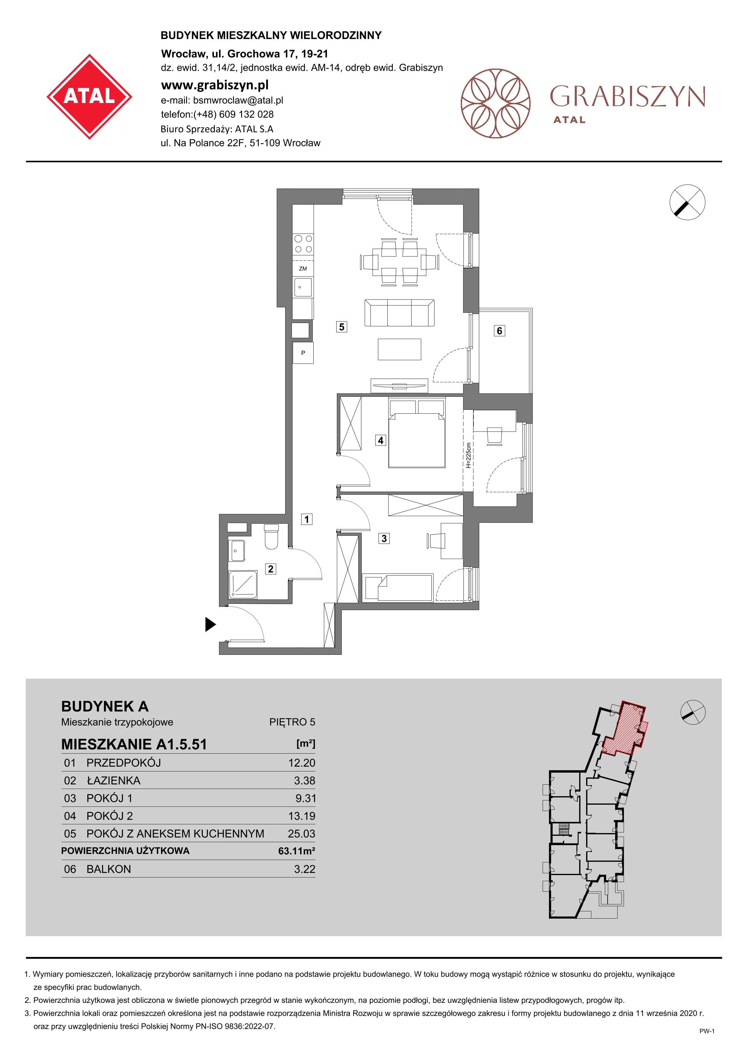 3 pokoje, mieszkanie 63,11 m², piętro 5, oferta nr A1.5.51, ATAL Grabiszyn, Wrocław, Gajowice, Fabryczna, ul. Grochowa