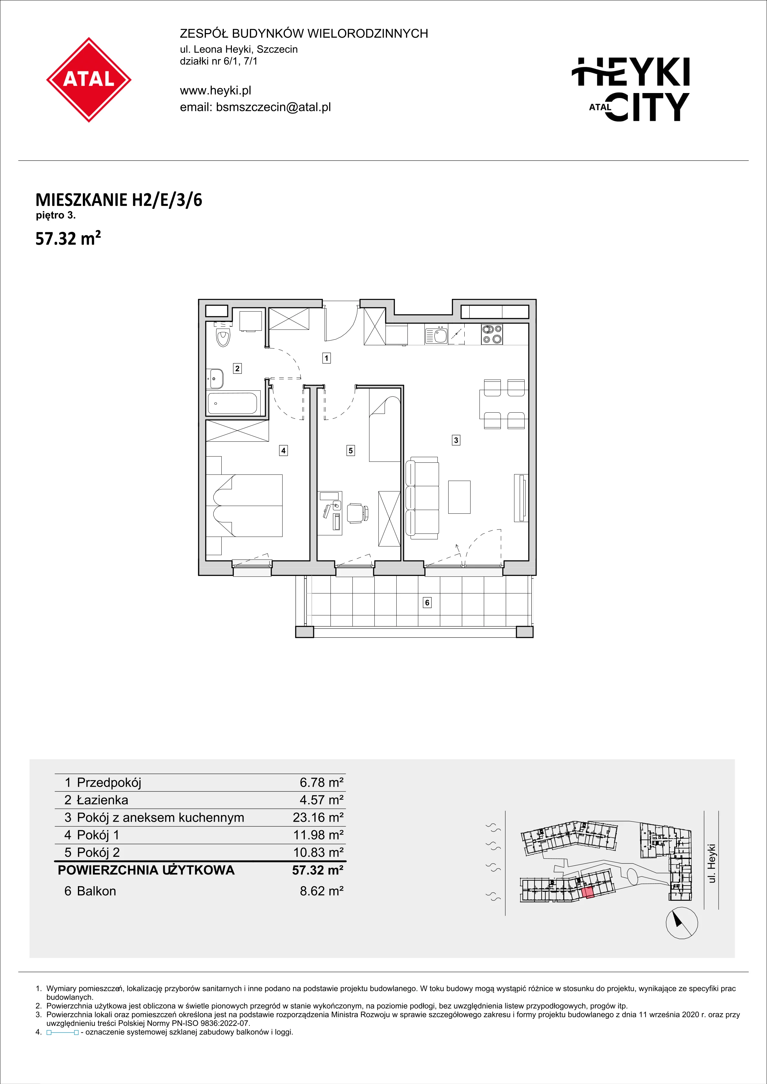 Apartament 57,32 m², piętro 3, oferta nr H2-E-3-6, Heyki City ATAL, Szczecin, Prawobrzeże, Międzyodrze, ul. Leona Heyki