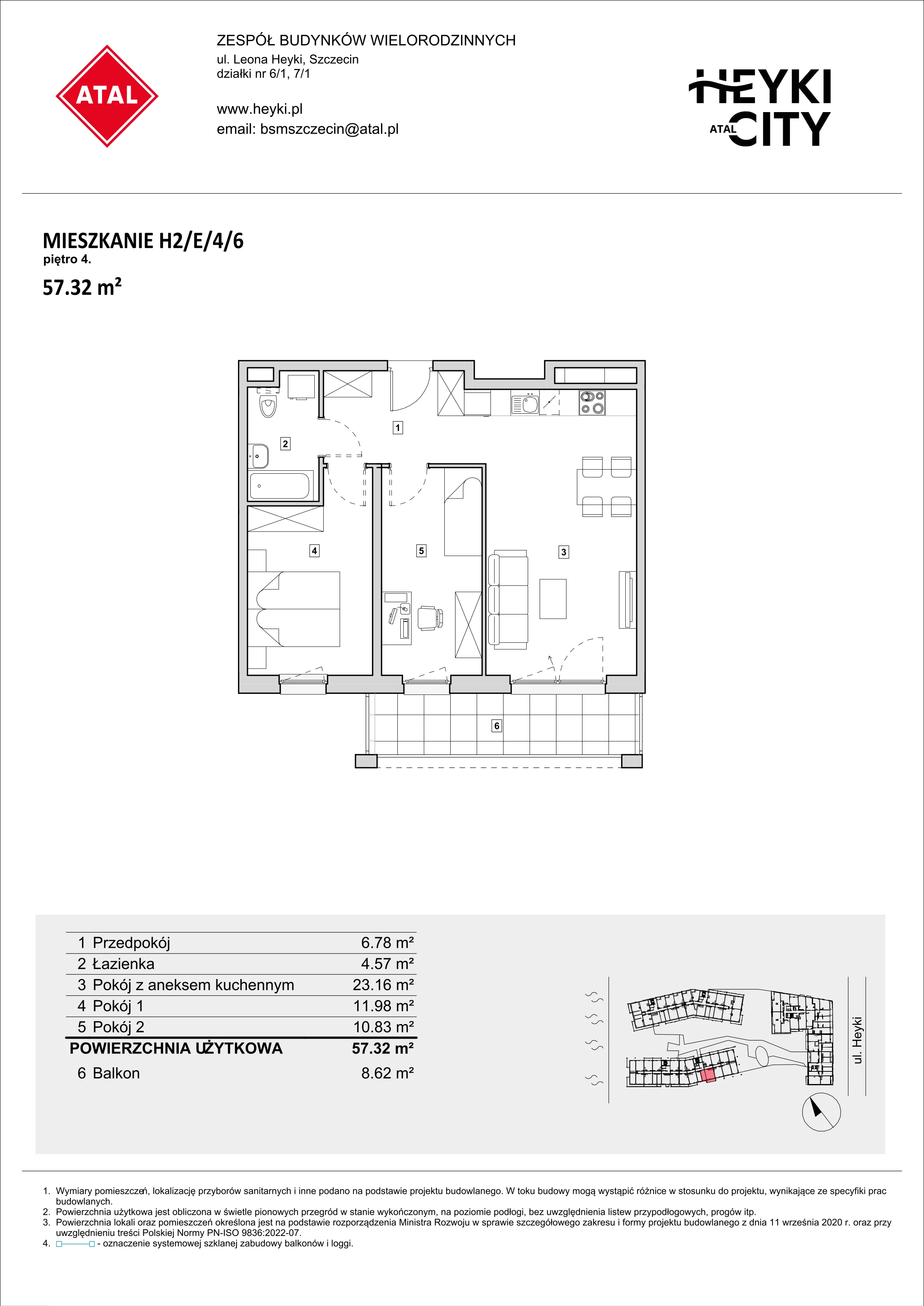 Apartament 57,32 m², piętro 4, oferta nr H2-E-4-6, Heyki City ATAL, Szczecin, Prawobrzeże, Międzyodrze, ul. Leona Heyki