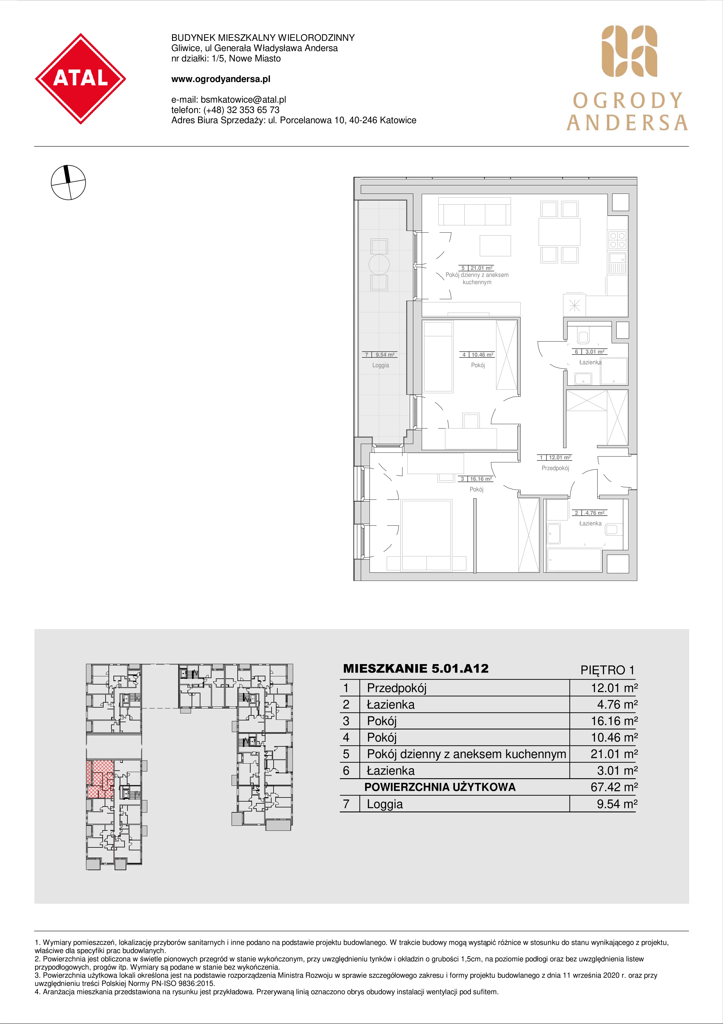 Mieszkanie 67,42 m², piętro 1, oferta nr 5.01.A12, Ogrody Andersa, Gliwice, Wojska Polskiego, ul. Leopolda Okulickiego