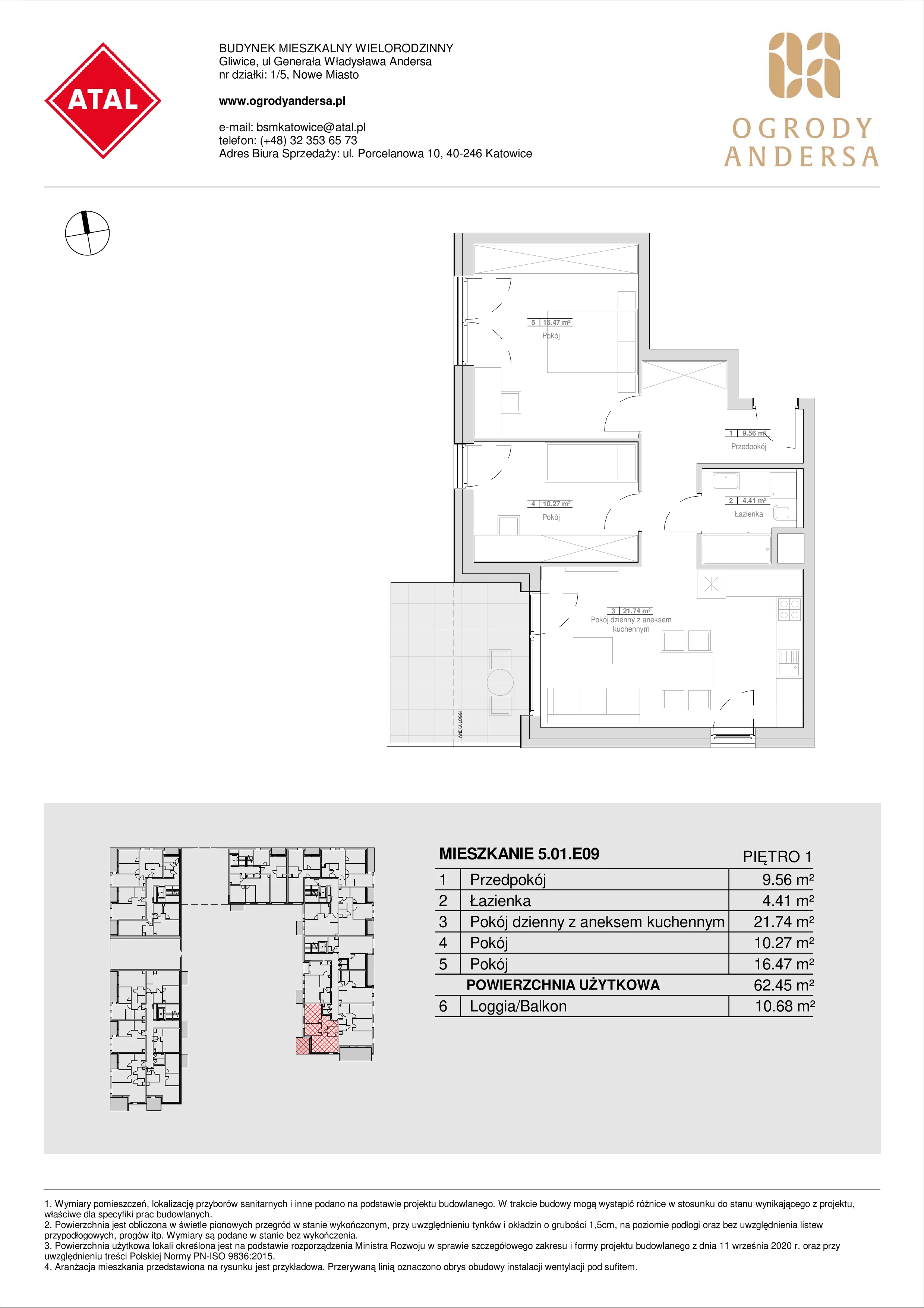 Mieszkanie 62,45 m², piętro 1, oferta nr 5.01.E09, Ogrody Andersa, Gliwice, Wojska Polskiego, ul. Leopolda Okulickiego