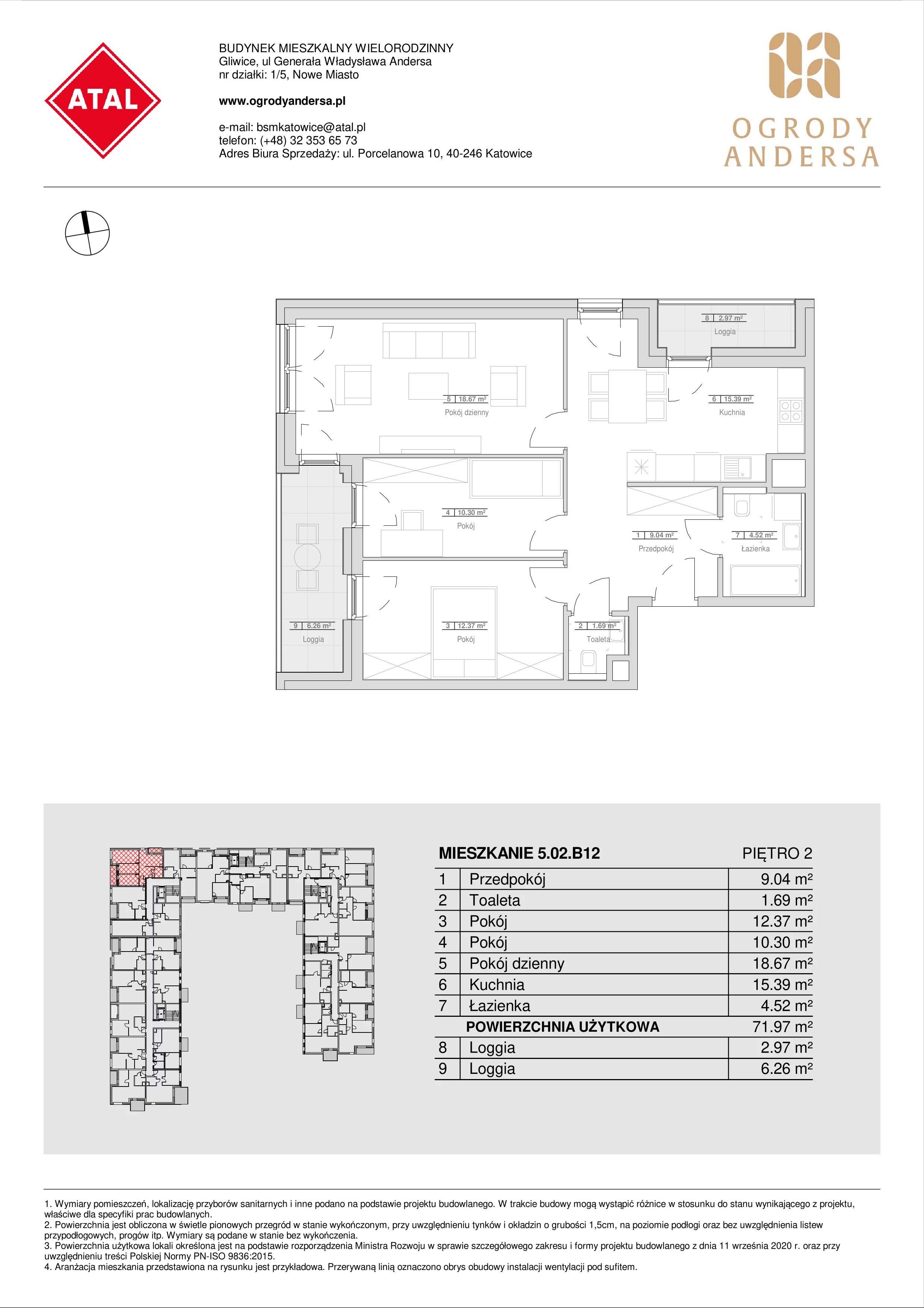 Mieszkanie 71,97 m², piętro 2, oferta nr 5.02.B12, Ogrody Andersa, Gliwice, Wojska Polskiego, ul. Leopolda Okulickiego