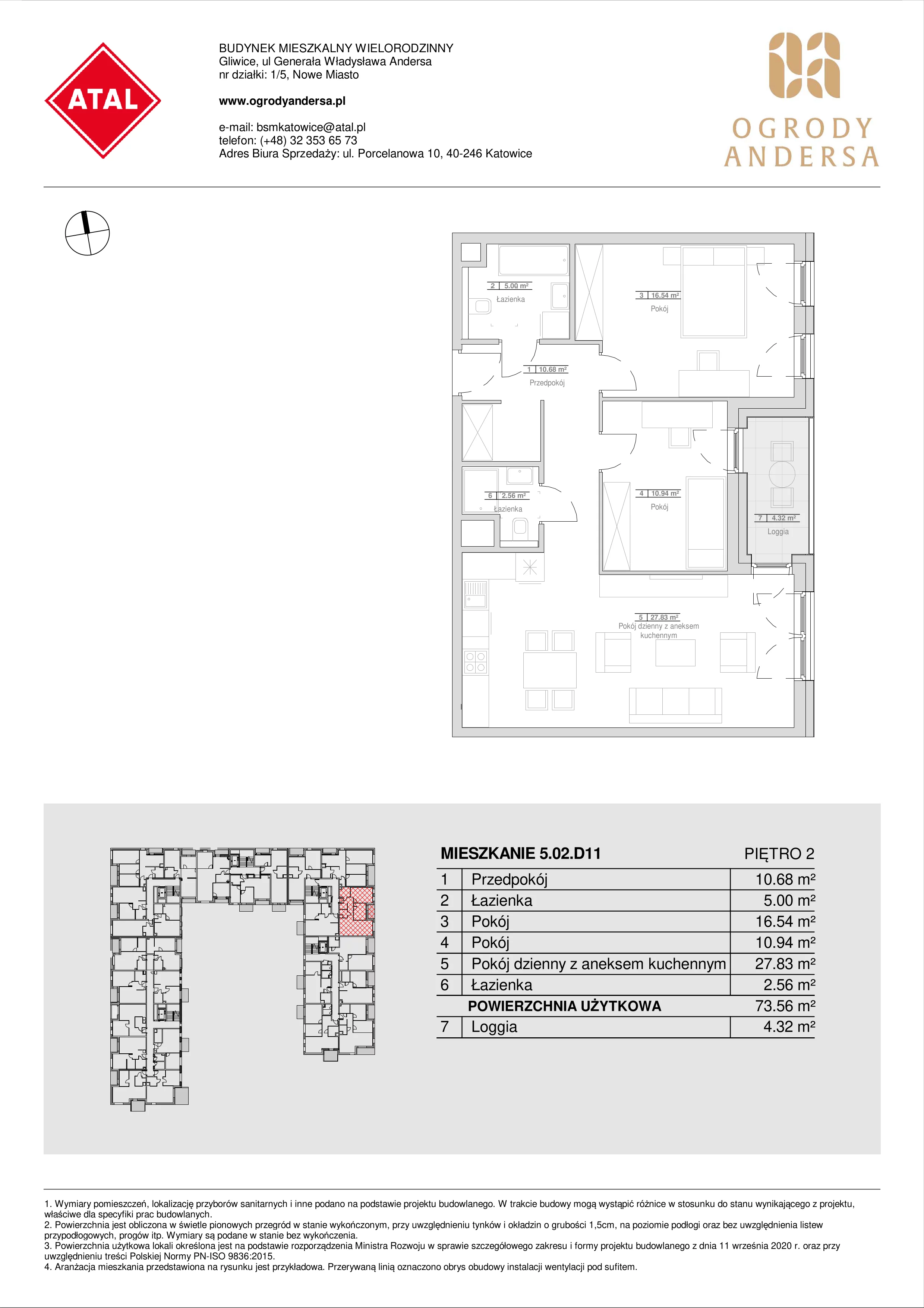 Mieszkanie 73,56 m², piętro 2, oferta nr 5.02.D11, Ogrody Andersa, Gliwice, Wojska Polskiego, ul. Leopolda Okulickiego