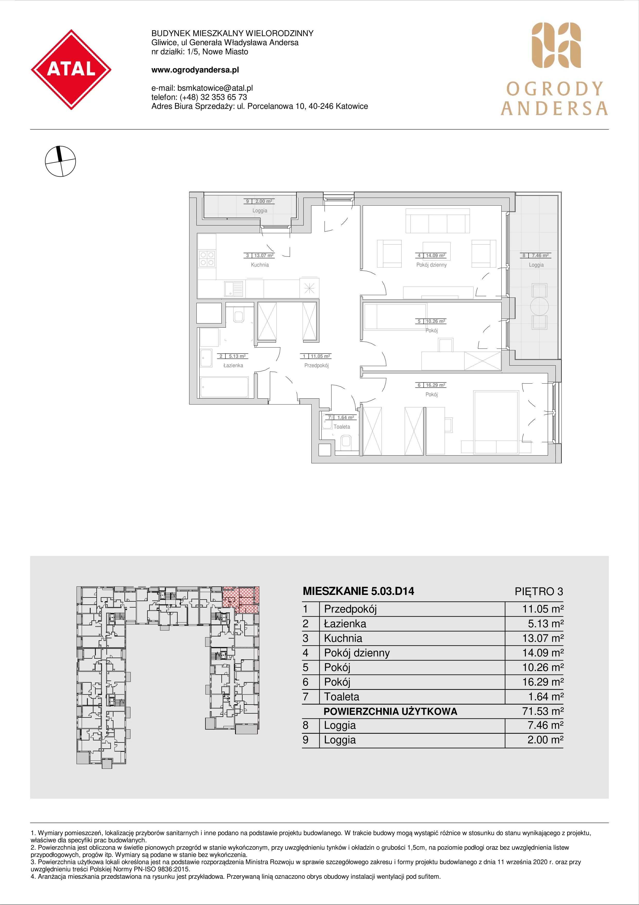 Mieszkanie 71,53 m², piętro 3, oferta nr 5.03.D14, Ogrody Andersa, Gliwice, Wojska Polskiego, ul. Leopolda Okulickiego