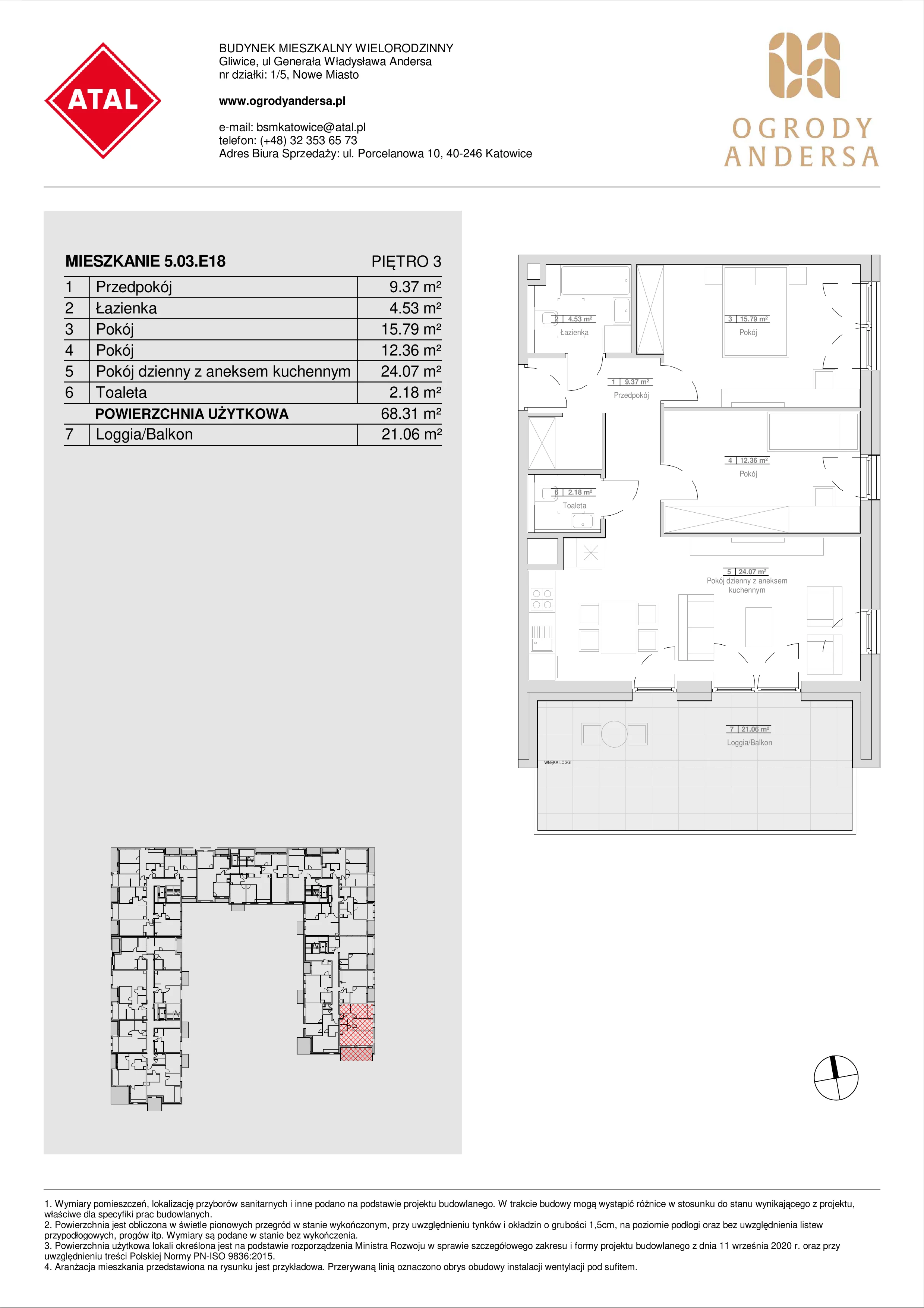 Mieszkanie 68,31 m², piętro 3, oferta nr 5.03.E18, Ogrody Andersa, Gliwice, Wojska Polskiego, ul. Leopolda Okulickiego