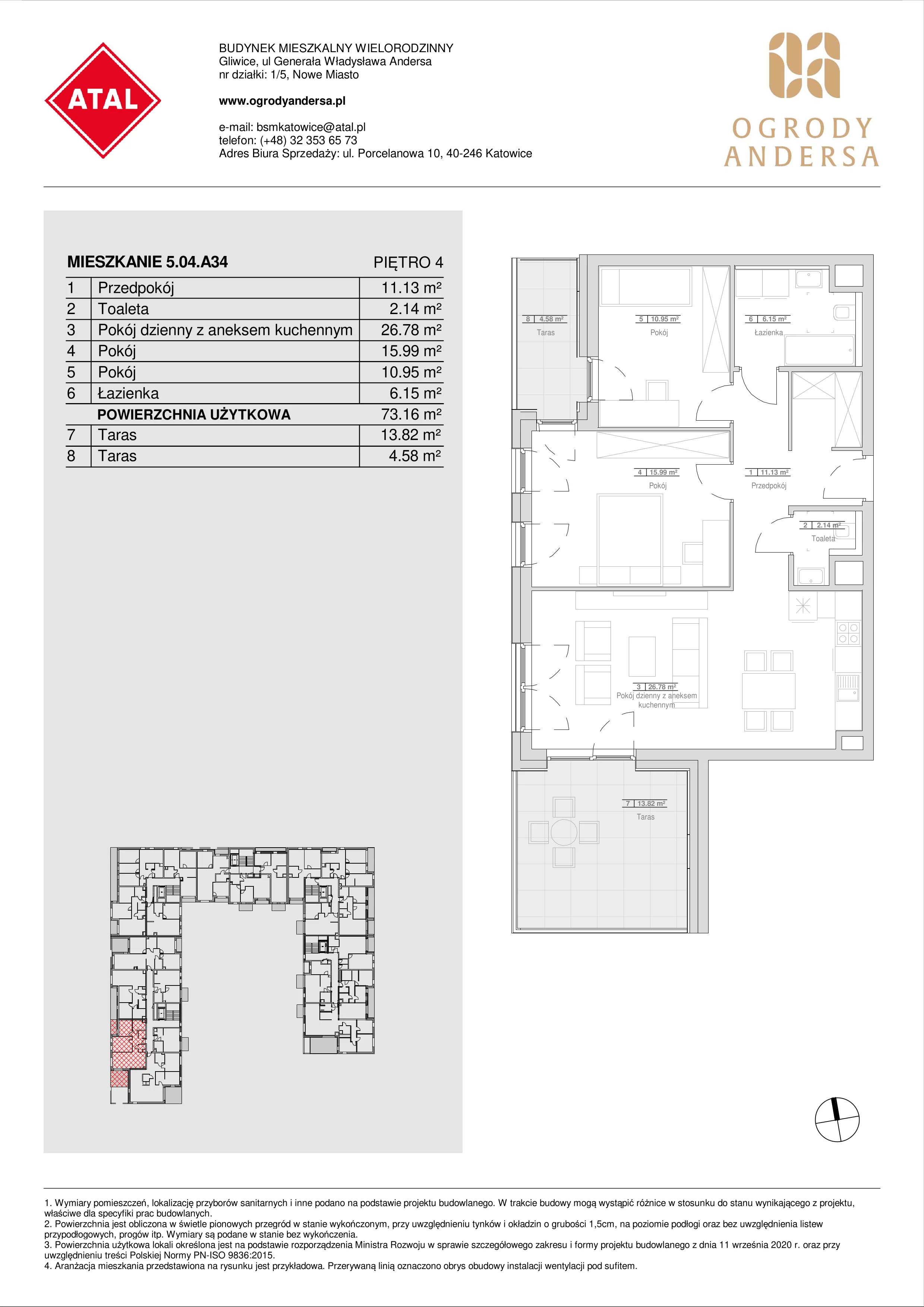 Mieszkanie 73,16 m², piętro 4, oferta nr 5.04.A34, Ogrody Andersa, Gliwice, Wojska Polskiego, ul. Leopolda Okulickiego