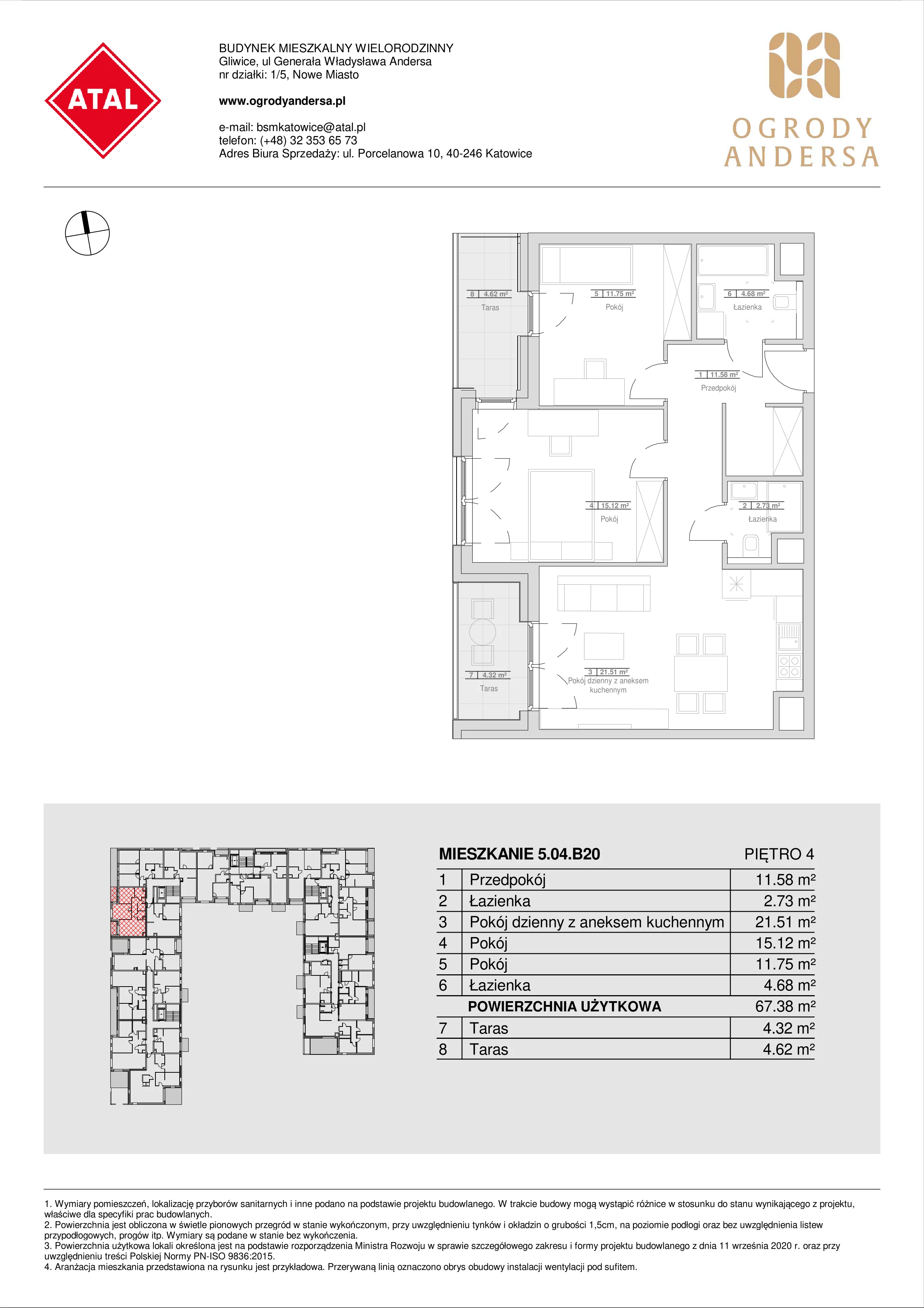 Mieszkanie 67,38 m², piętro 4, oferta nr 5.04.B20, Ogrody Andersa, Gliwice, Wojska Polskiego, ul. Leopolda Okulickiego