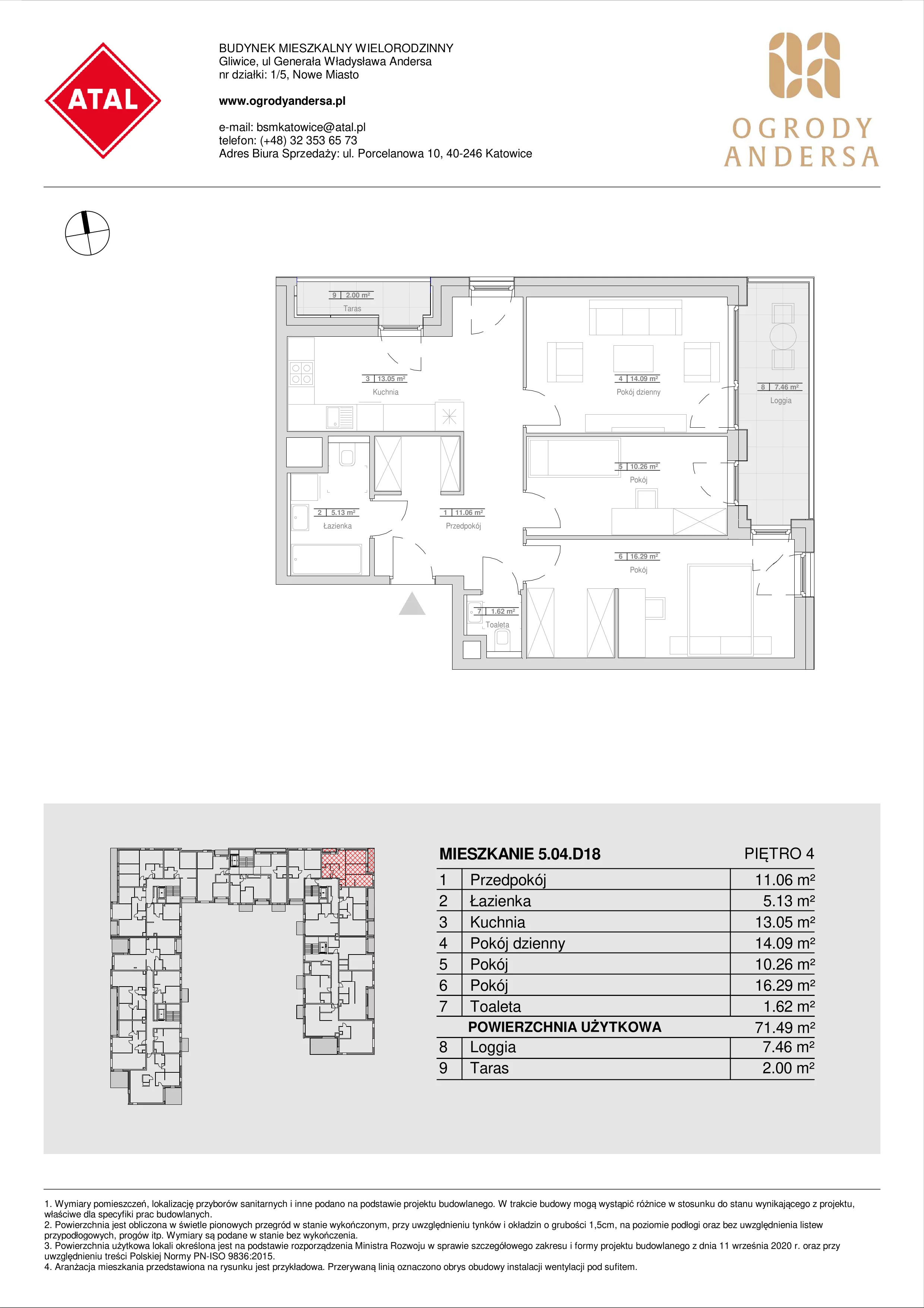 Mieszkanie 71,49 m², piętro 4, oferta nr 5.04.D18, Ogrody Andersa, Gliwice, Wojska Polskiego, ul. Leopolda Okulickiego