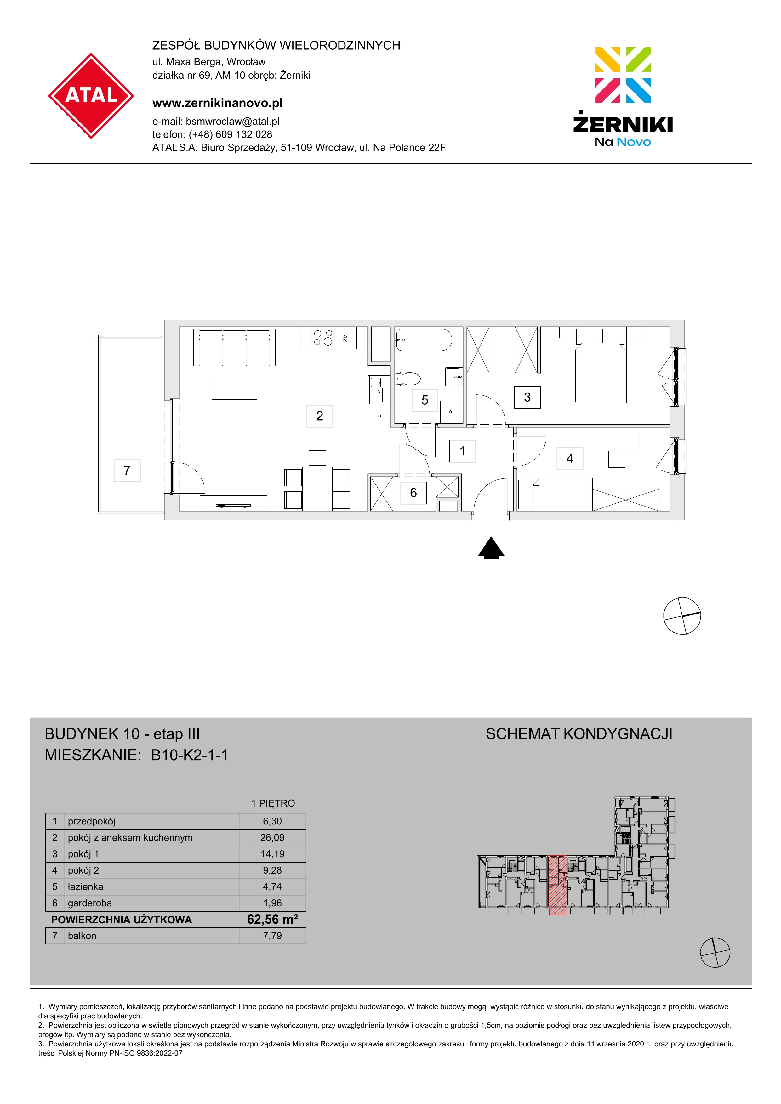 Mieszkanie 62,56 m², piętro 1, oferta nr B10-K2-1-1, Żerniki Na Novo III, Wrocław, Żerniki, ul. Maxa Berga