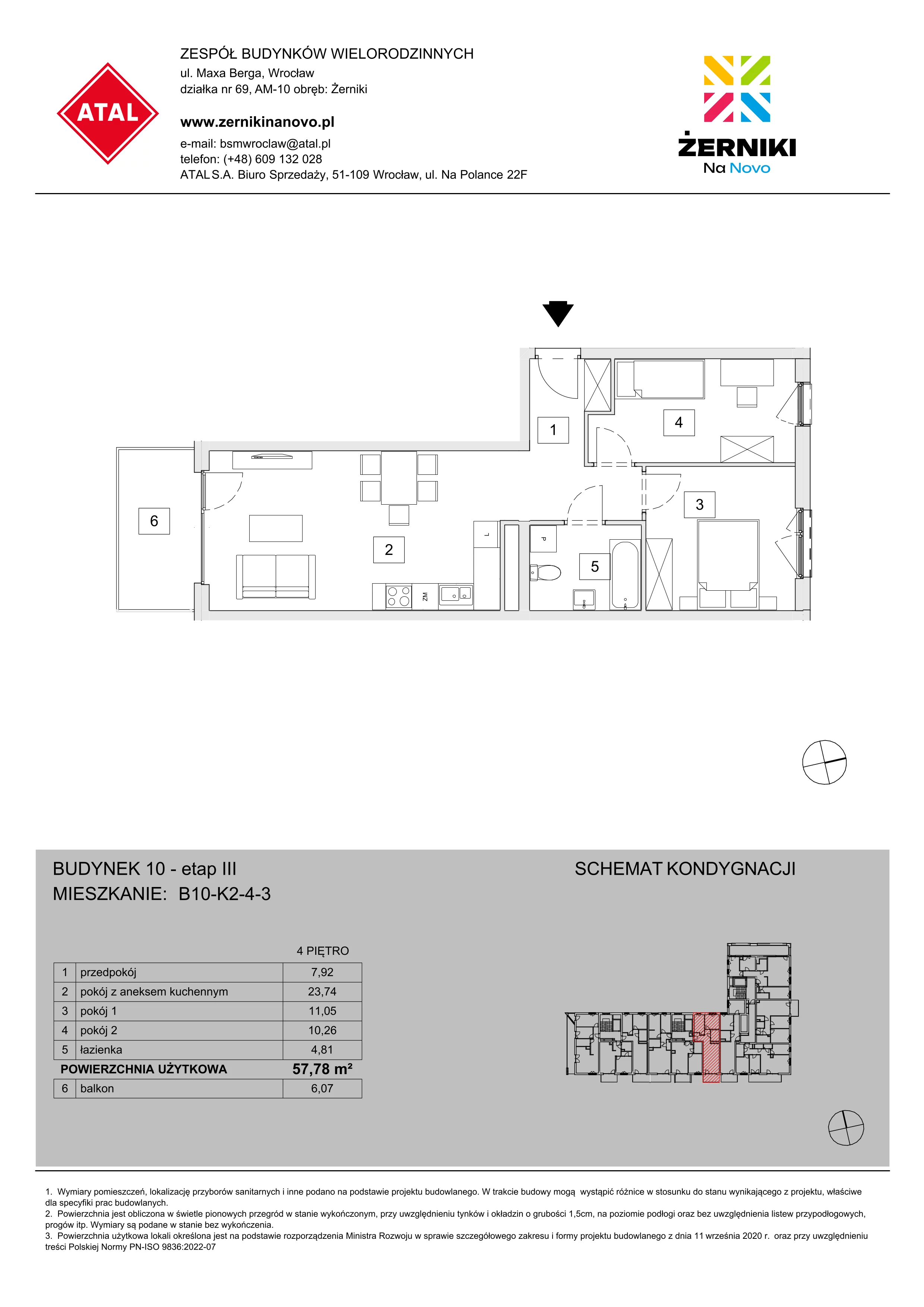 Mieszkanie 57,78 m², piętro 4, oferta nr B10-K2-4-3, Żerniki Na Novo III, Wrocław, Żerniki, ul. Maxa Berga