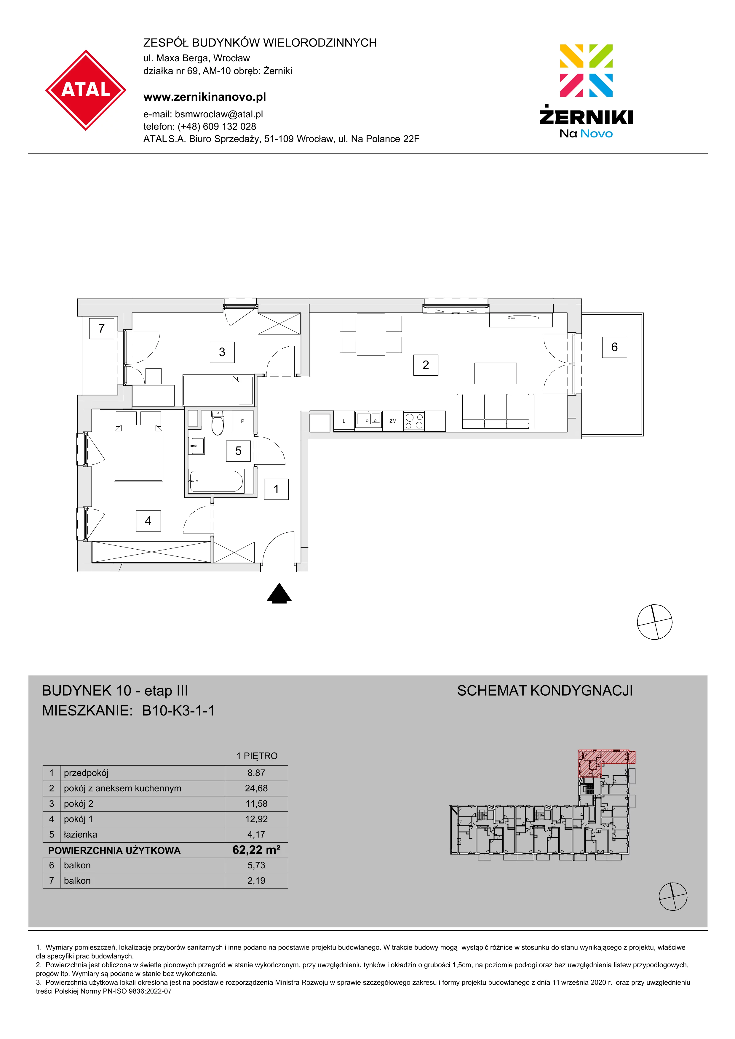 Mieszkanie 62,22 m², piętro 1, oferta nr B10-K3-1-1, Żerniki Na Novo III, Wrocław, Żerniki, ul. Maxa Berga