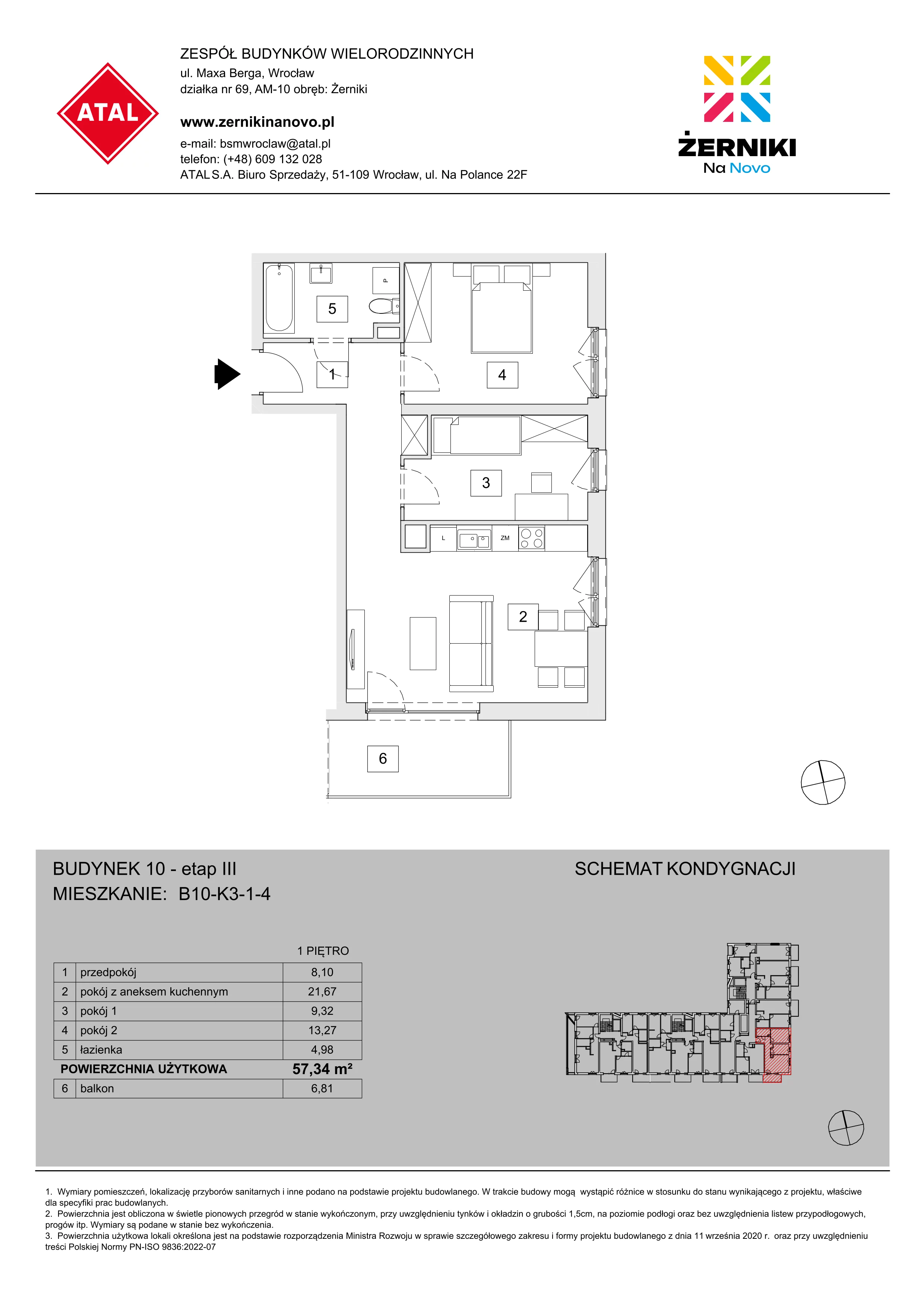 Mieszkanie 57,34 m², piętro 1, oferta nr B10-K3-1-4, Żerniki Na Novo III, Wrocław, Żerniki, ul. Maxa Berga