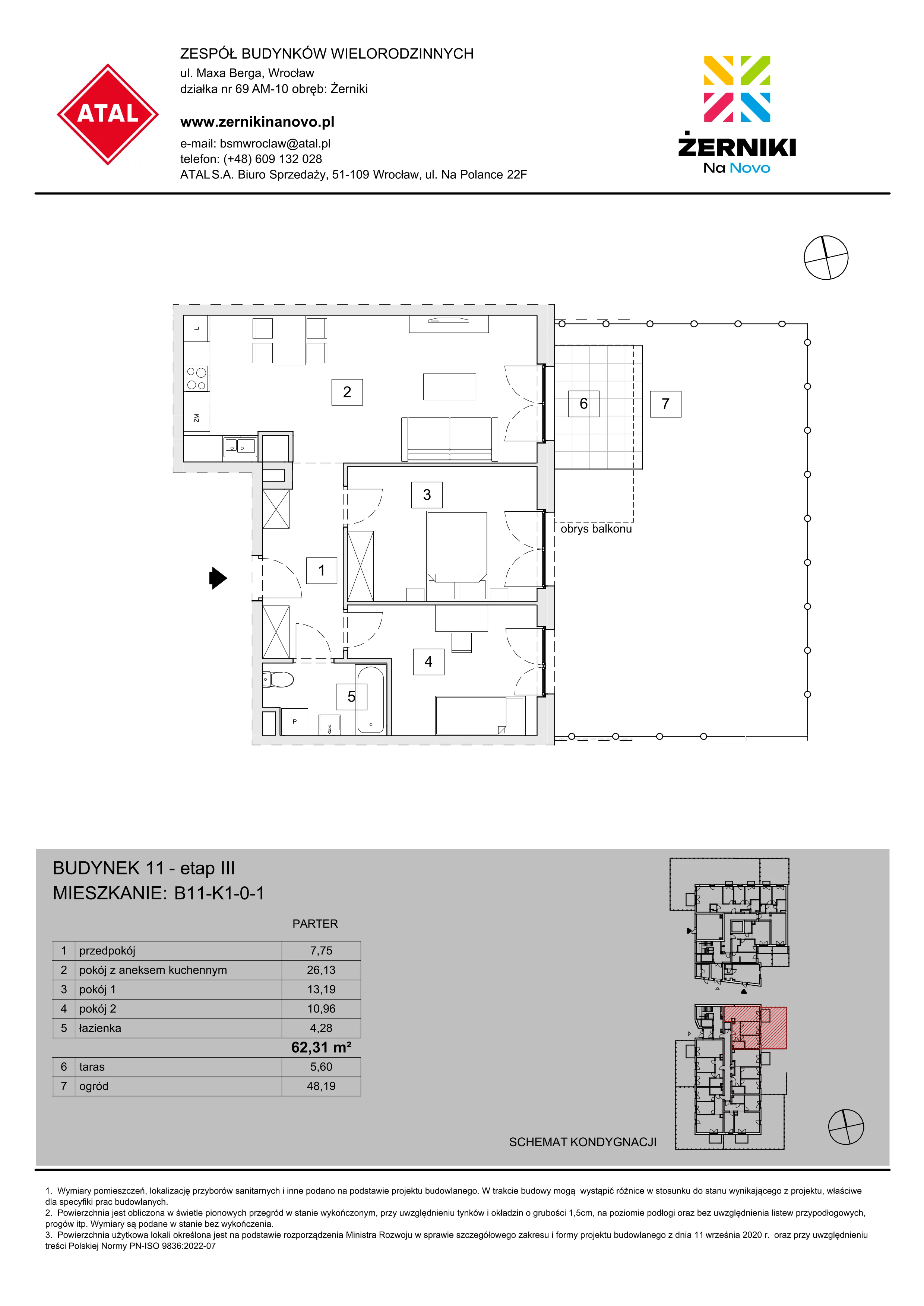 Mieszkanie 62,31 m², parter, oferta nr B11-K1-0-1, Żerniki Na Novo III, Wrocław, Żerniki, ul. Maxa Berga