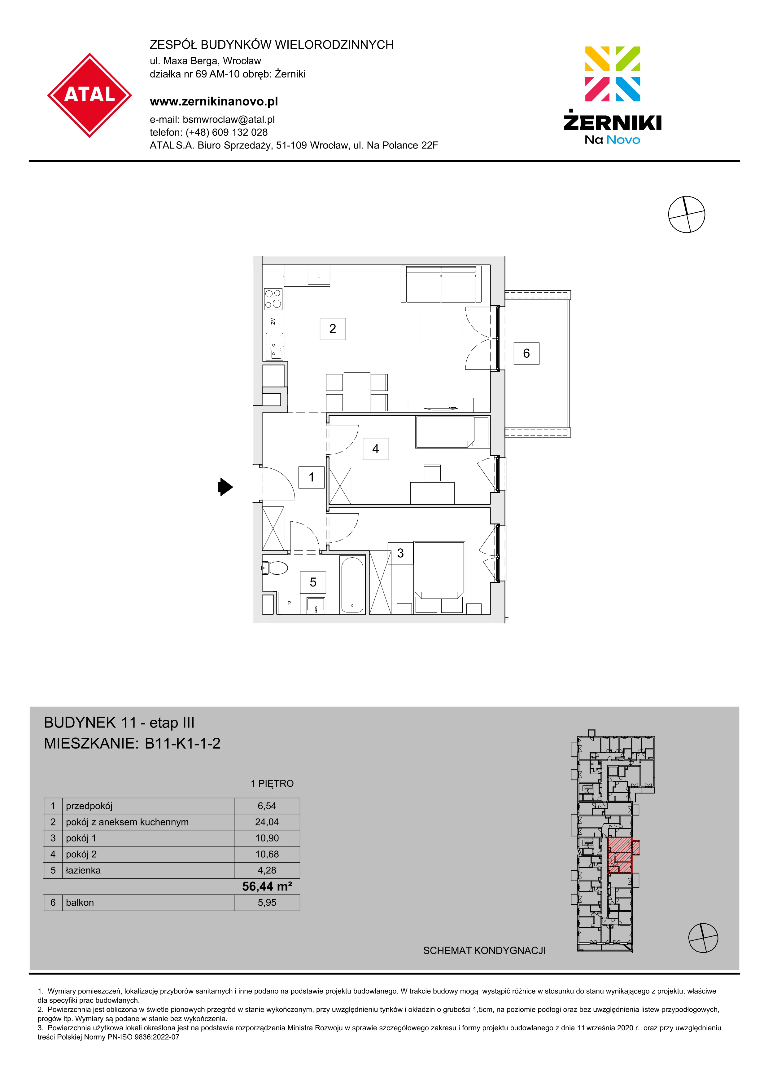 Mieszkanie 56,44 m², piętro 1, oferta nr B11-K1-1-2, Żerniki Na Novo III, Wrocław, Żerniki, ul. Maxa Berga