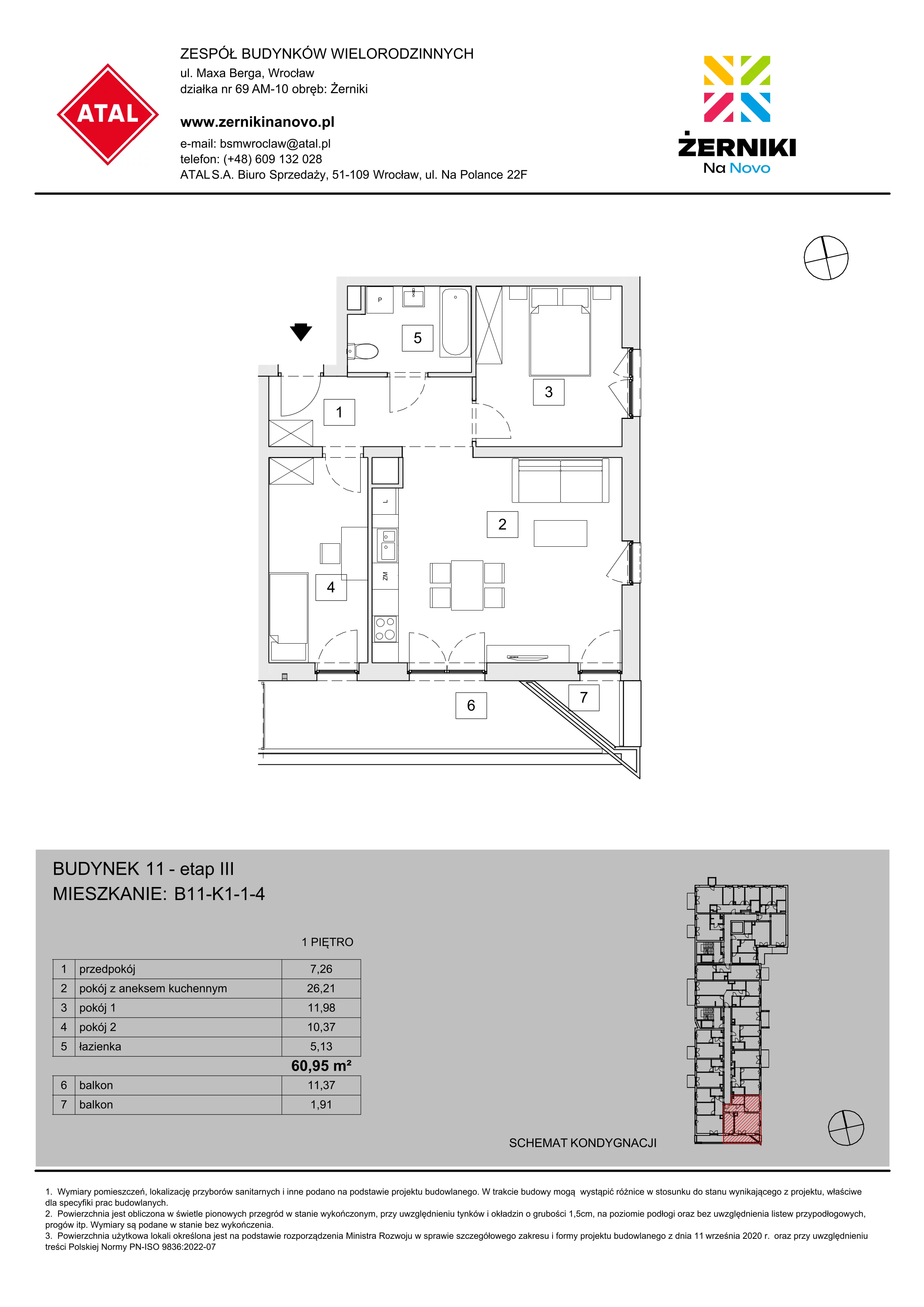 Mieszkanie 60,95 m², piętro 1, oferta nr B11-K1-1-4, Żerniki Na Novo III, Wrocław, Żerniki, ul. Maxa Berga