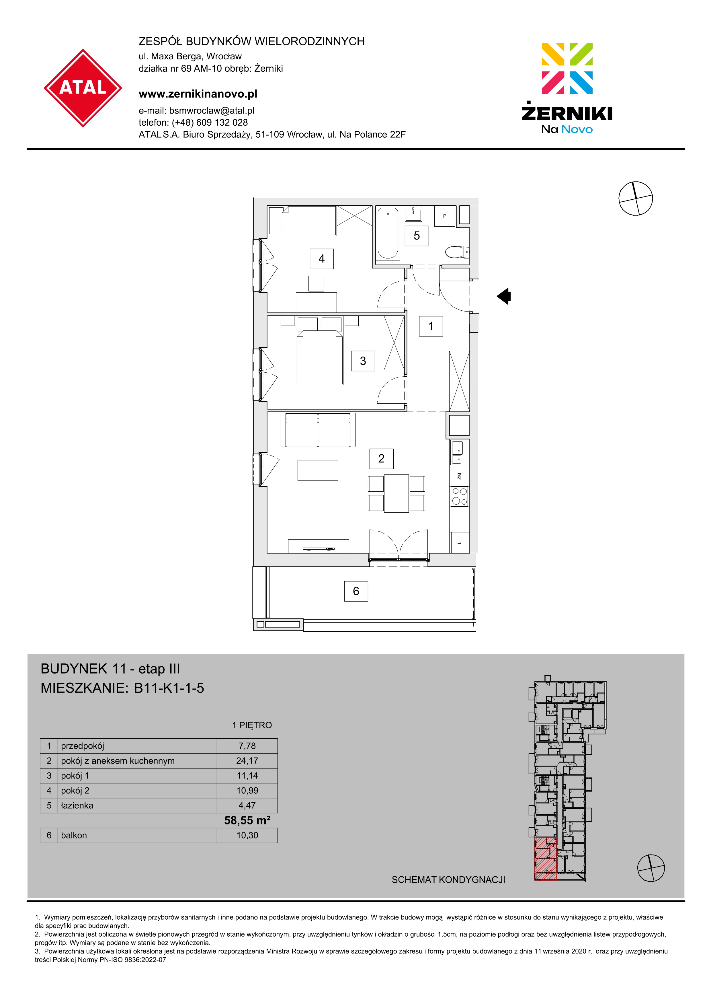 Mieszkanie 58,55 m², piętro 1, oferta nr B11-K1-1-5, Żerniki Na Novo III, Wrocław, Żerniki, ul. Maxa Berga