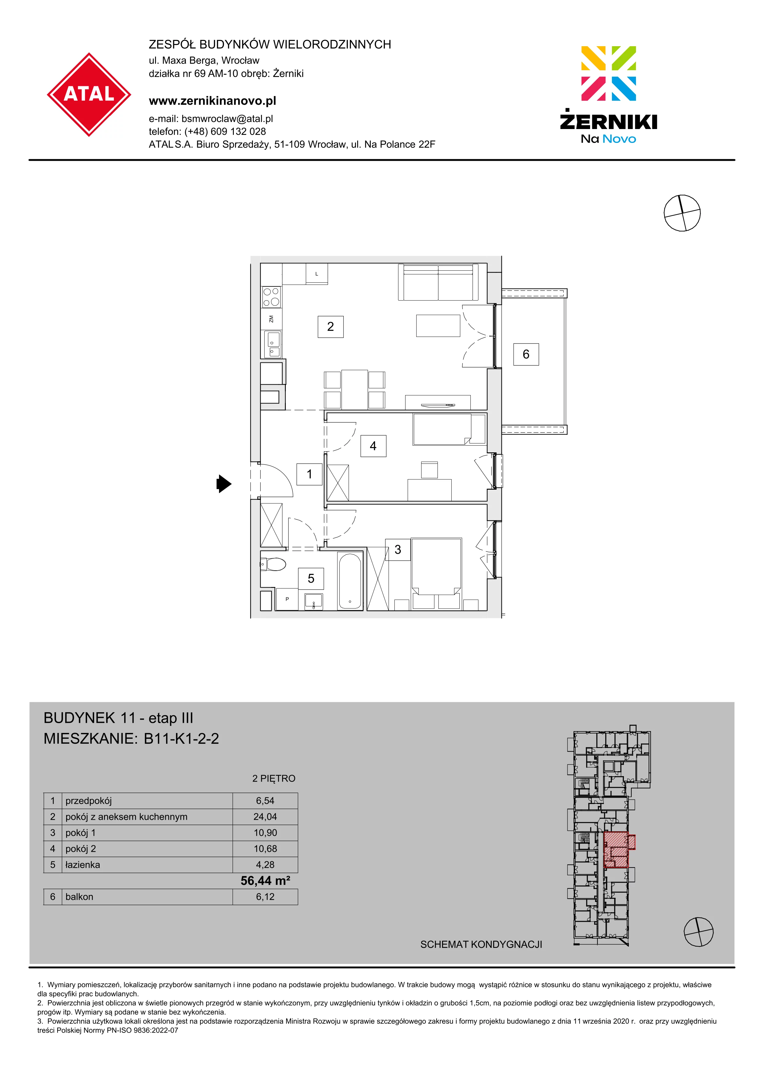 Mieszkanie 56,44 m², piętro 2, oferta nr B11-K1-2-2, Żerniki Na Novo III, Wrocław, Żerniki, ul. Maxa Berga