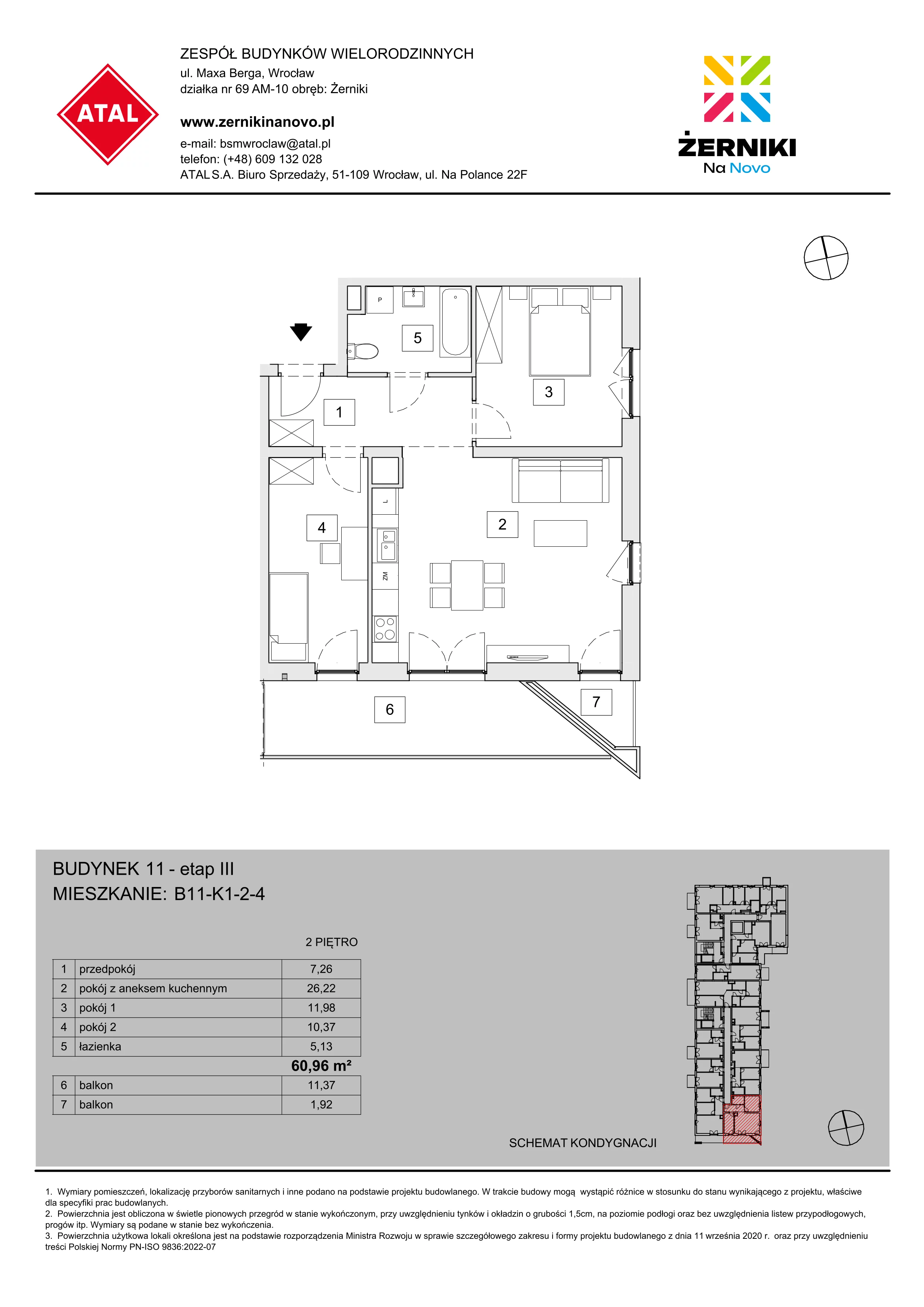 Mieszkanie 60,96 m², piętro 2, oferta nr B11-K1-2-4, Żerniki Na Novo III, Wrocław, Żerniki, ul. Maxa Berga