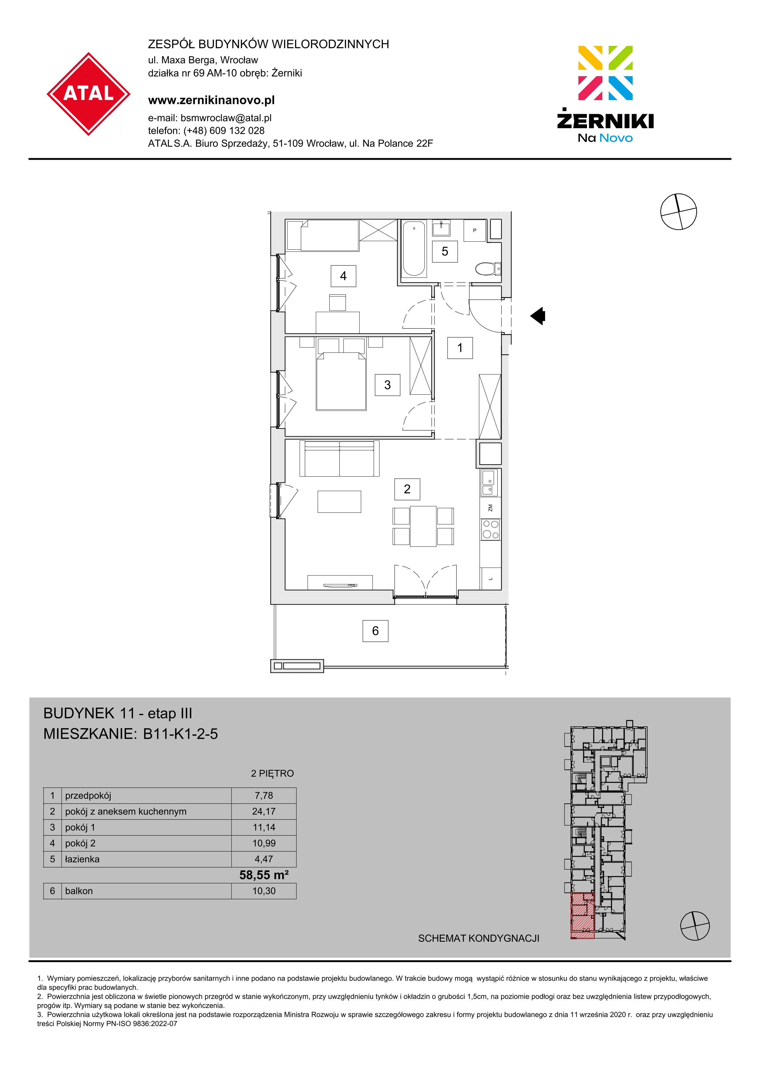 Mieszkanie 58,55 m², piętro 2, oferta nr B11-K1-2-5, Żerniki Na Novo III, Wrocław, Żerniki, ul. Maxa Berga