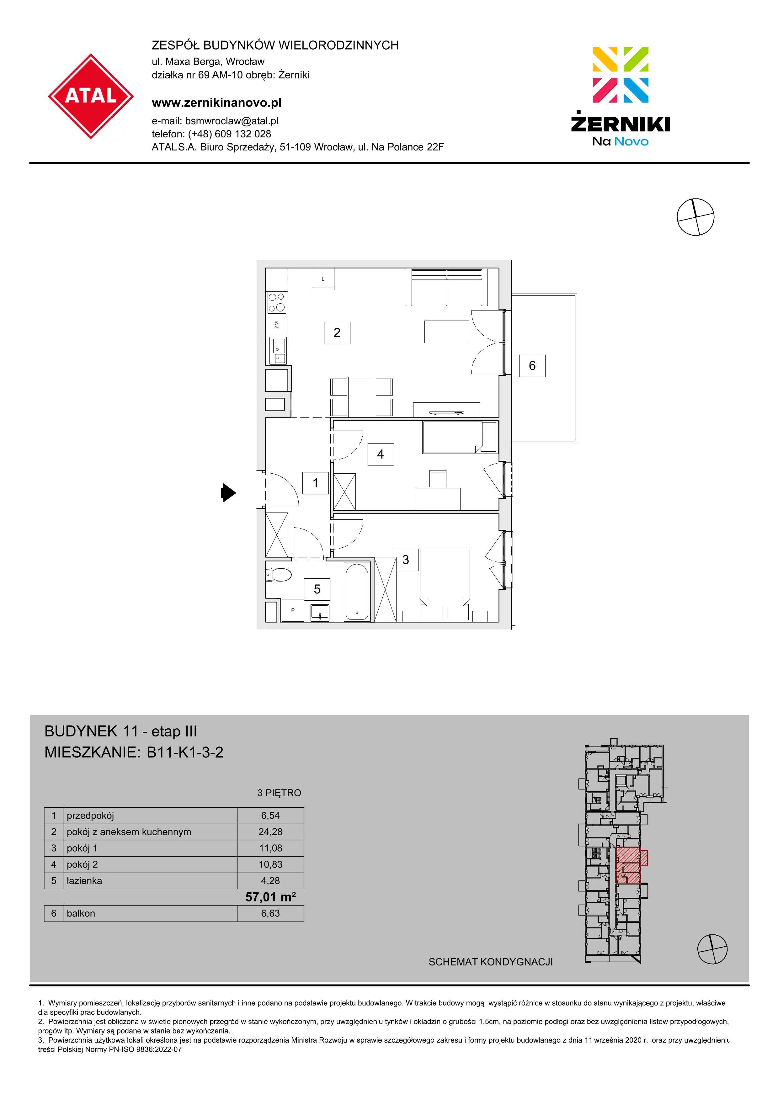 Mieszkanie 57,01 m², piętro 3, oferta nr B11-K1-3-2, Żerniki Na Novo III, Wrocław, Żerniki, ul. Maxa Berga