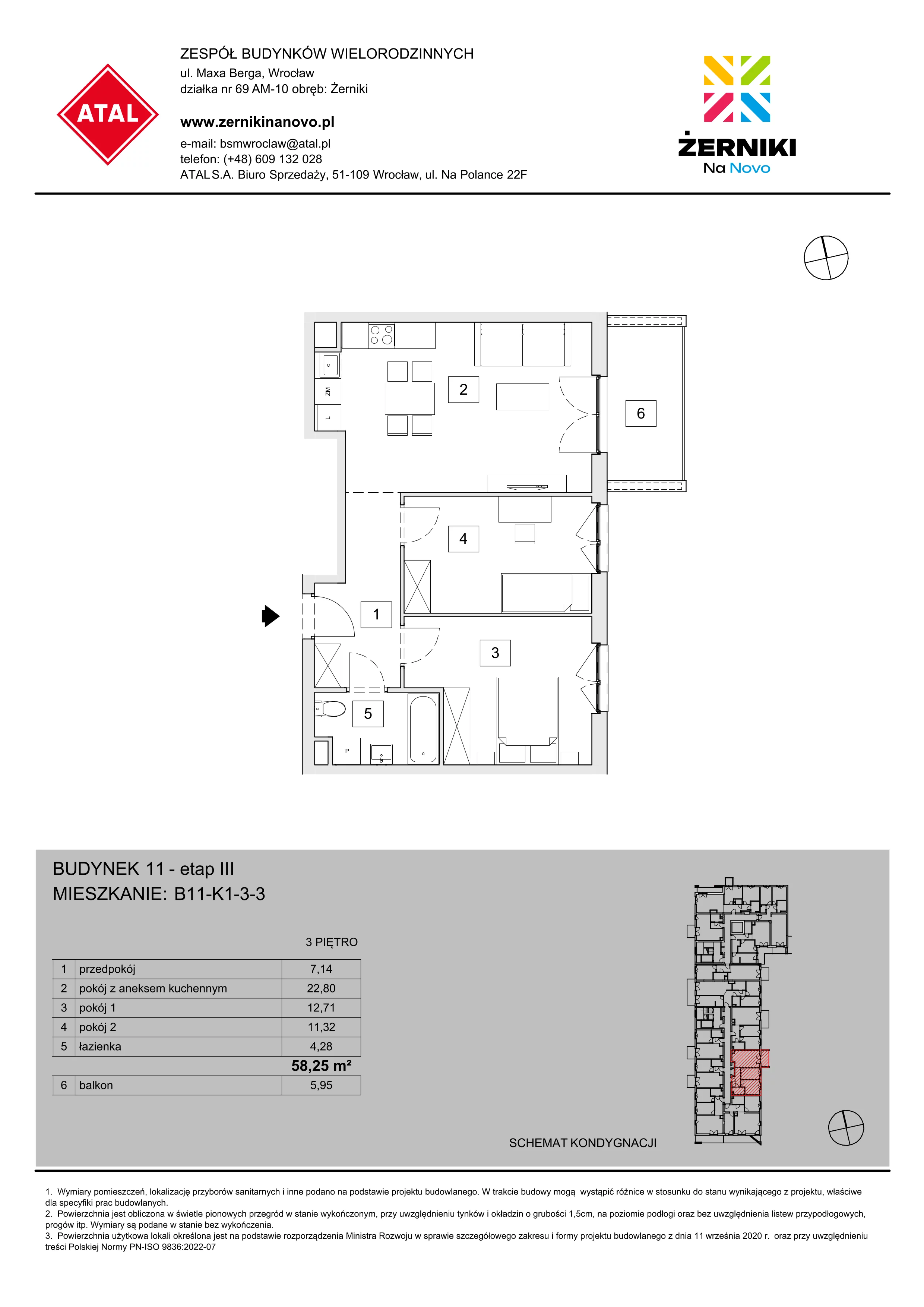 Mieszkanie 58,25 m², piętro 3, oferta nr B11-K1-3-3, Żerniki Na Novo III, Wrocław, Żerniki, ul. Maxa Berga