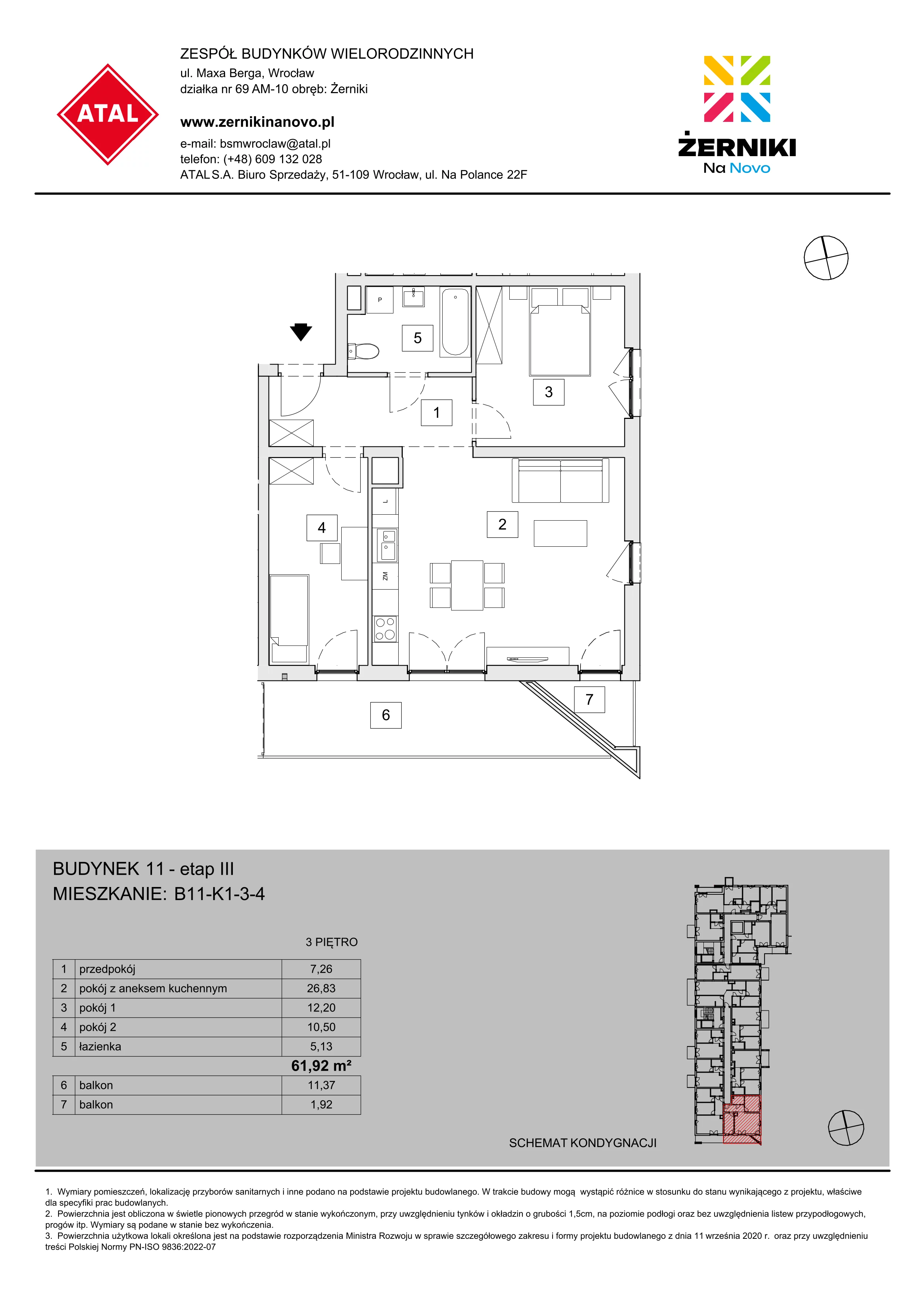 Mieszkanie 61,92 m², piętro 3, oferta nr B11-K1-3-4, Żerniki Na Novo III, Wrocław, Żerniki, ul. Maxa Berga