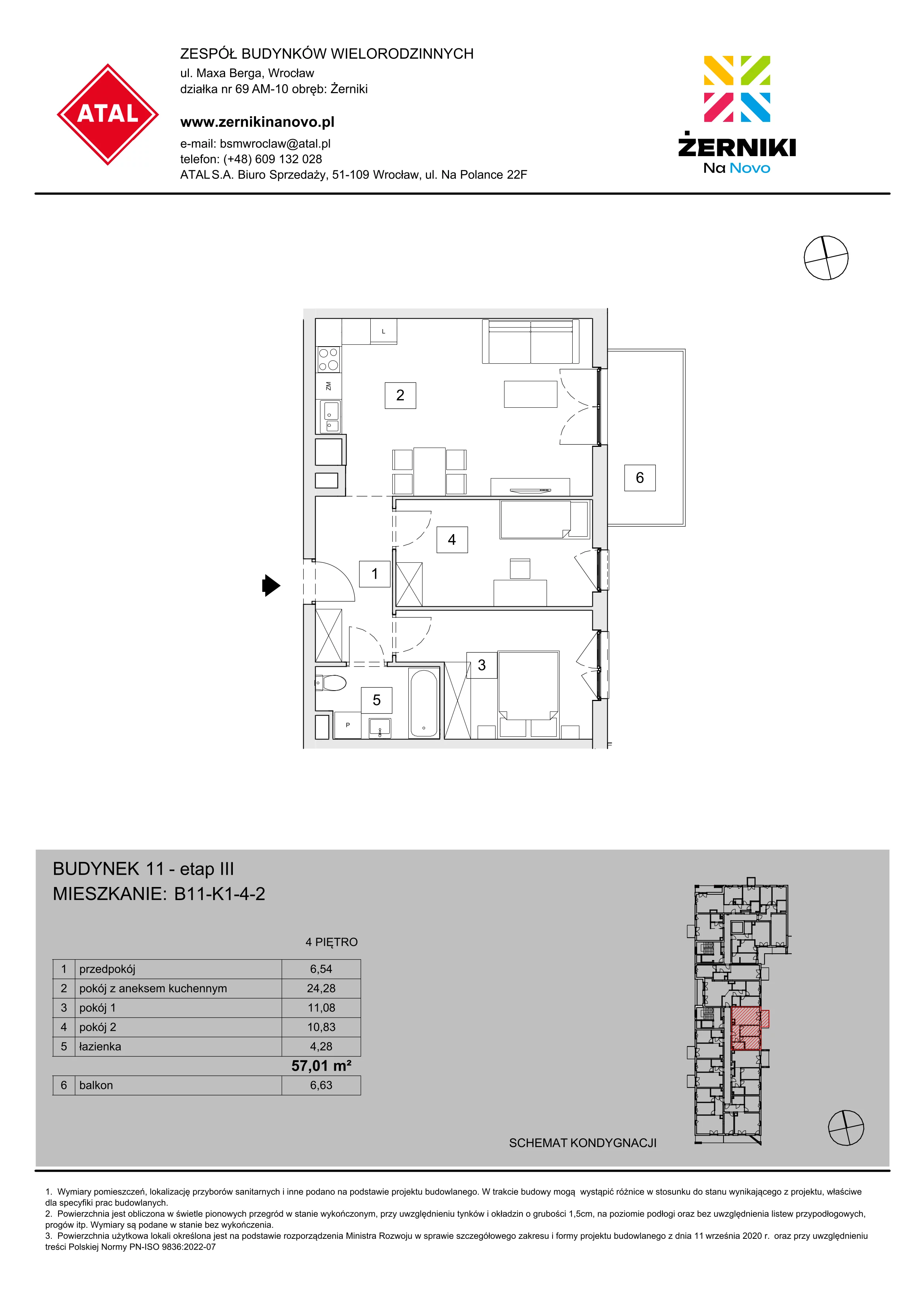 Mieszkanie 57,01 m², piętro 4, oferta nr B11-K1-4-2, Żerniki Na Novo III, Wrocław, Żerniki, ul. Maxa Berga